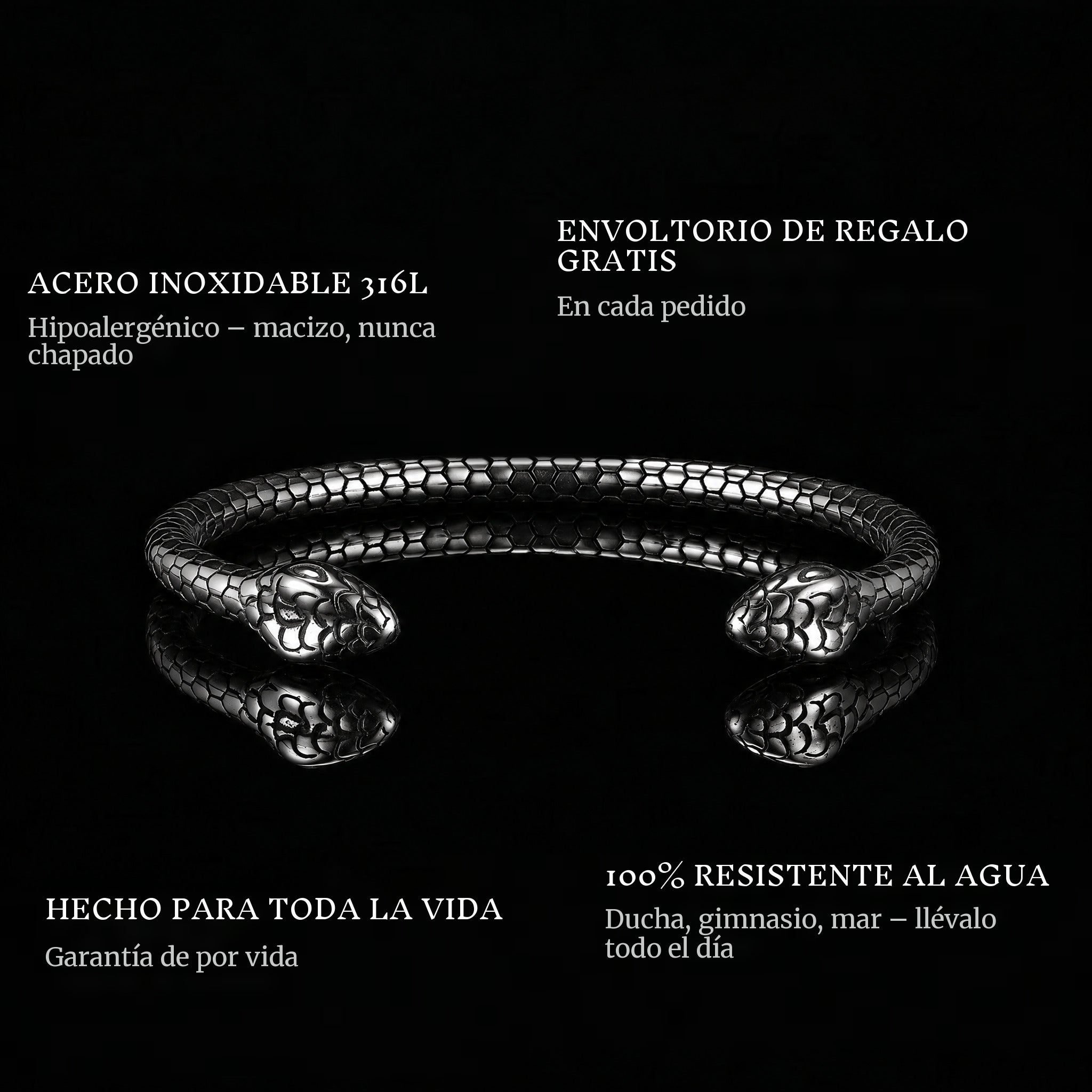 Serpent Pact features: 316L stainless steel, free gift packaging, 100% waterproof, lifetime guarantee
