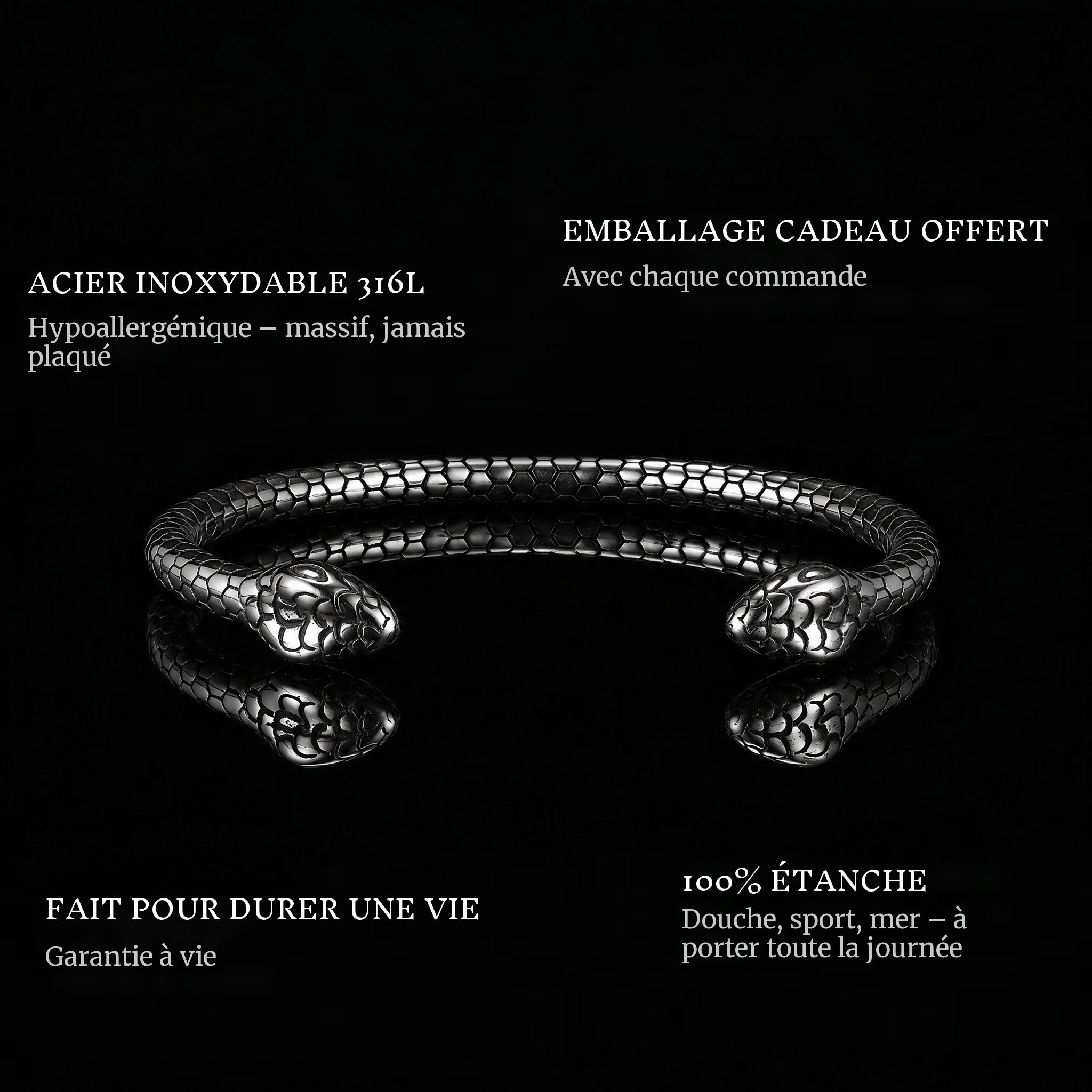 Serpent Pact features: 316L stainless steel, free gift packaging, 100% waterproof, lifetime guarantee