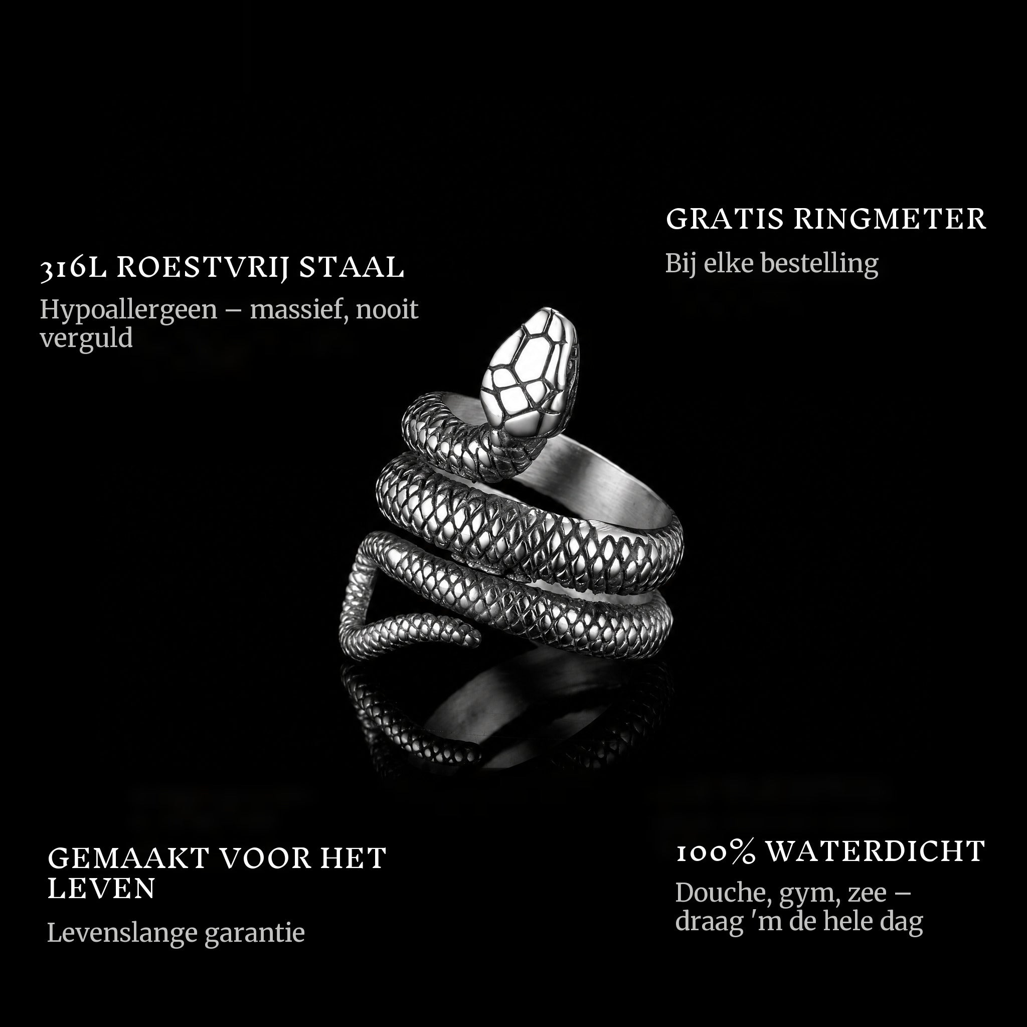 Serpent ring features: 316L stainless steel, free ring sizer in every order, 100% waterproof, lifetime guarantee
