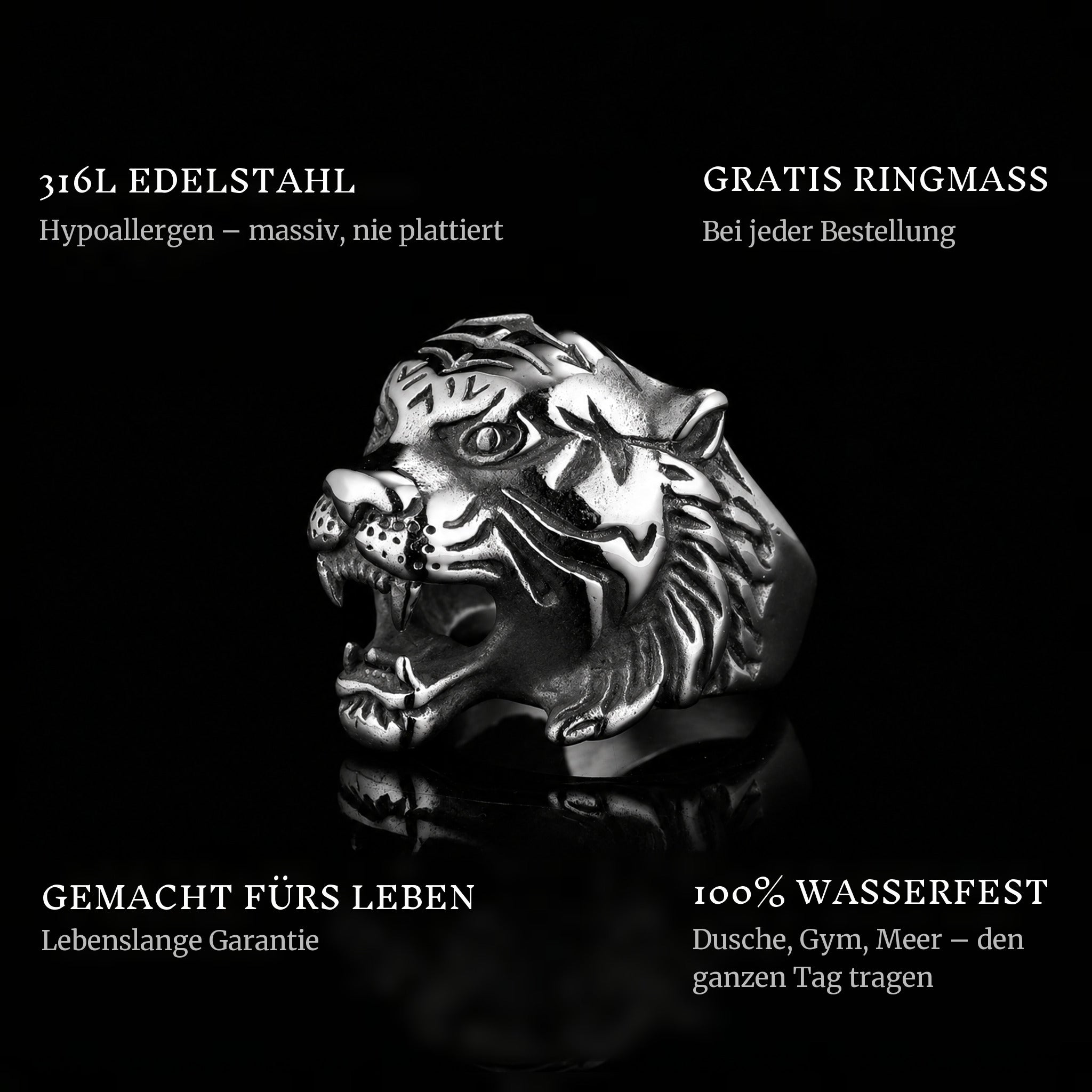 Shere Khan ring features: 316L stainless steel, free ring sizer in every order, 100% waterproof, lifetime guarantee