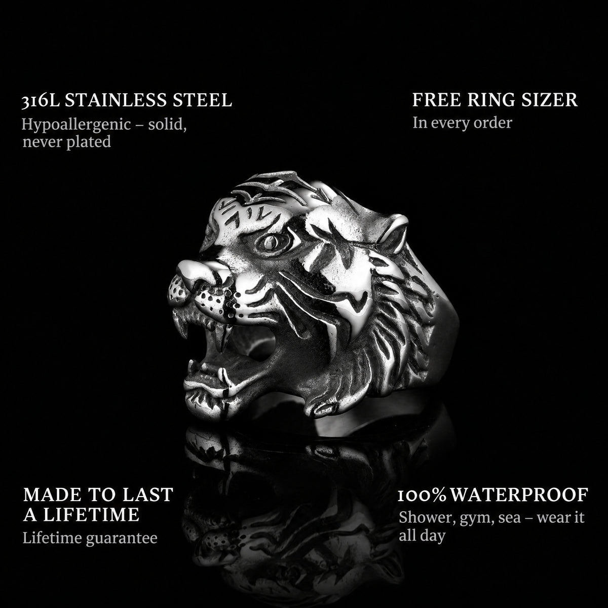 Shere Khan ring features: 316L stainless steel, free ring sizer in every order, 100% waterproof, lifetime guarantee