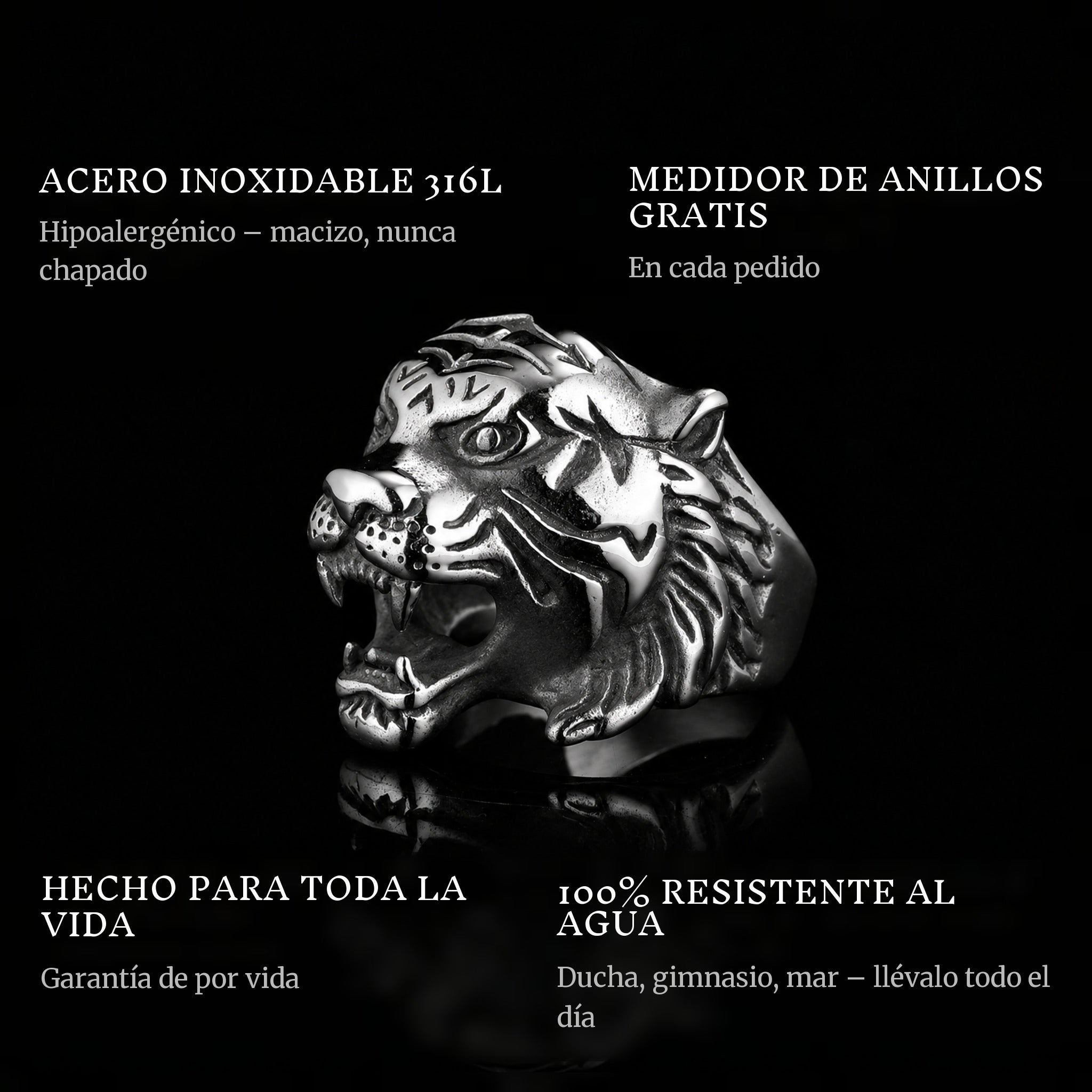 Shere Khan ring features: 316L stainless steel, free ring sizer in every order, 100% waterproof, lifetime guarantee