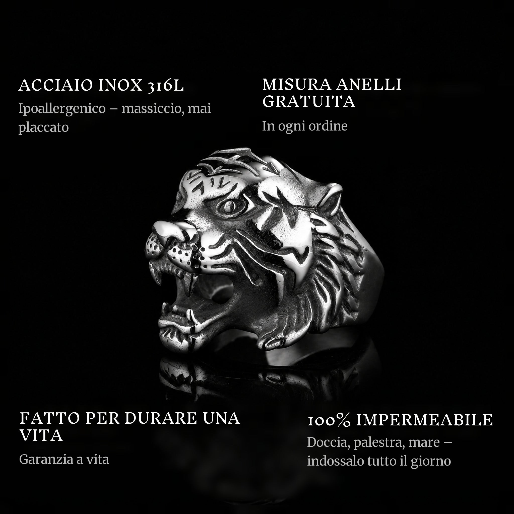 Shere Khan ring features: 316L stainless steel, free ring sizer in every order, 100% waterproof, lifetime guarantee