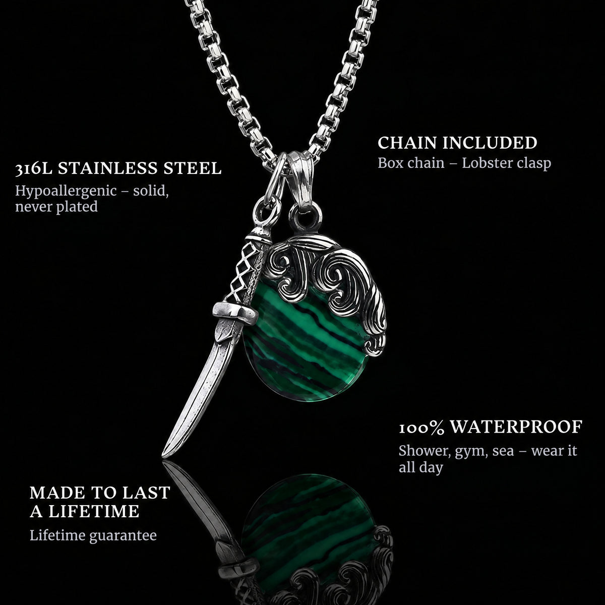 Shield & Sword pendant features: 316L stainless steel, chain included, 100% waterproof, lifetime guarantee