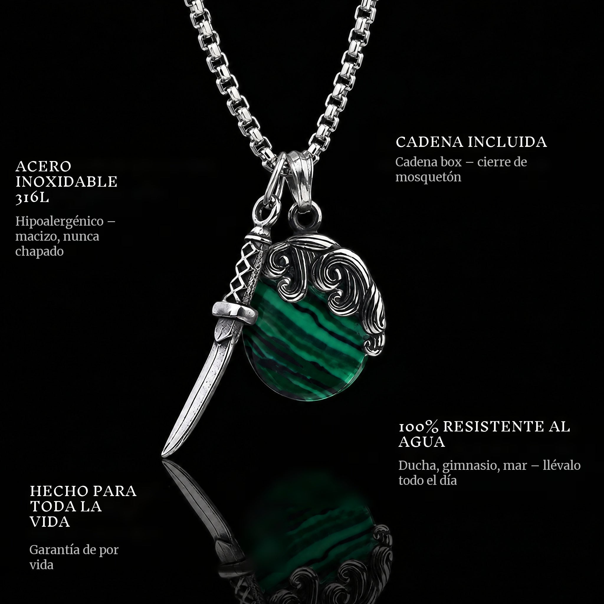 Shield & Sword pendant features: 316L stainless steel, chain included, 100% waterproof, lifetime guarantee
