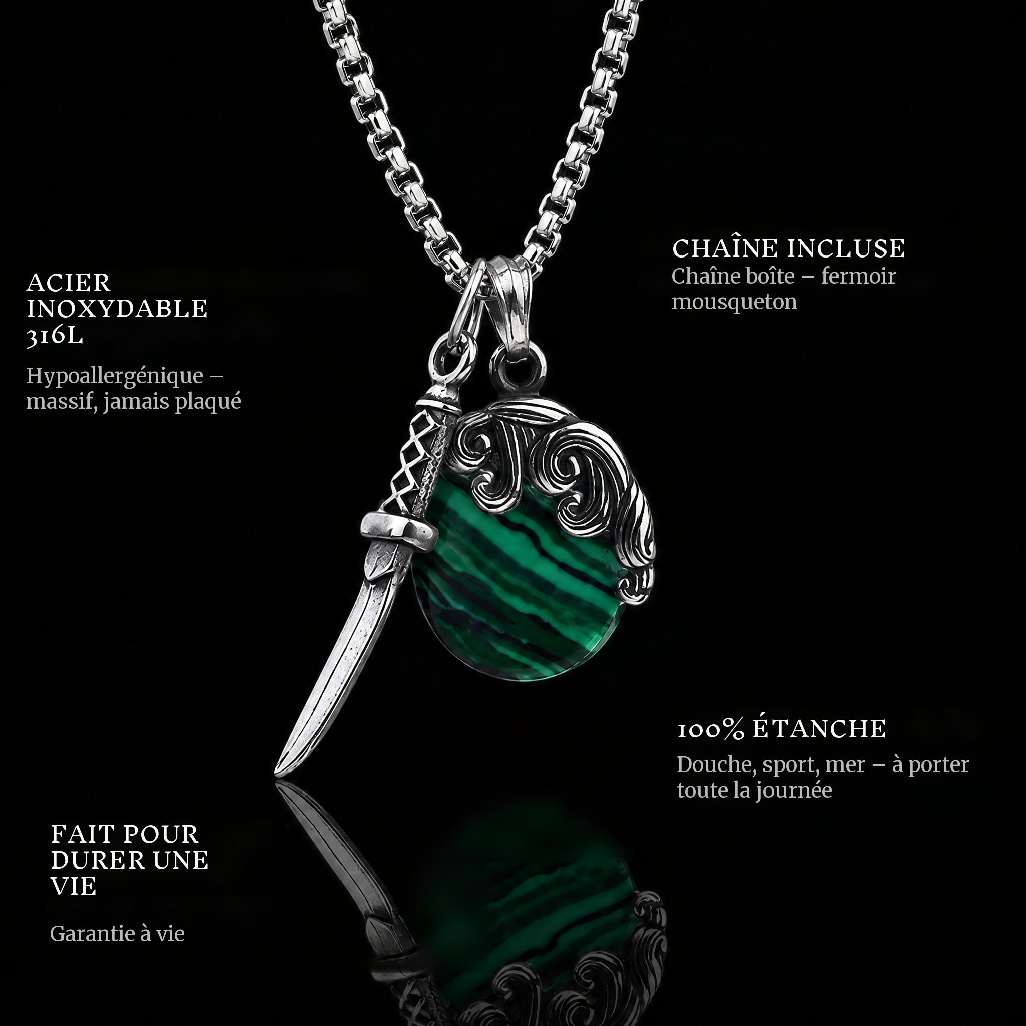 Shield & Sword pendant features: 316L stainless steel, chain included, 100% waterproof, lifetime guarantee