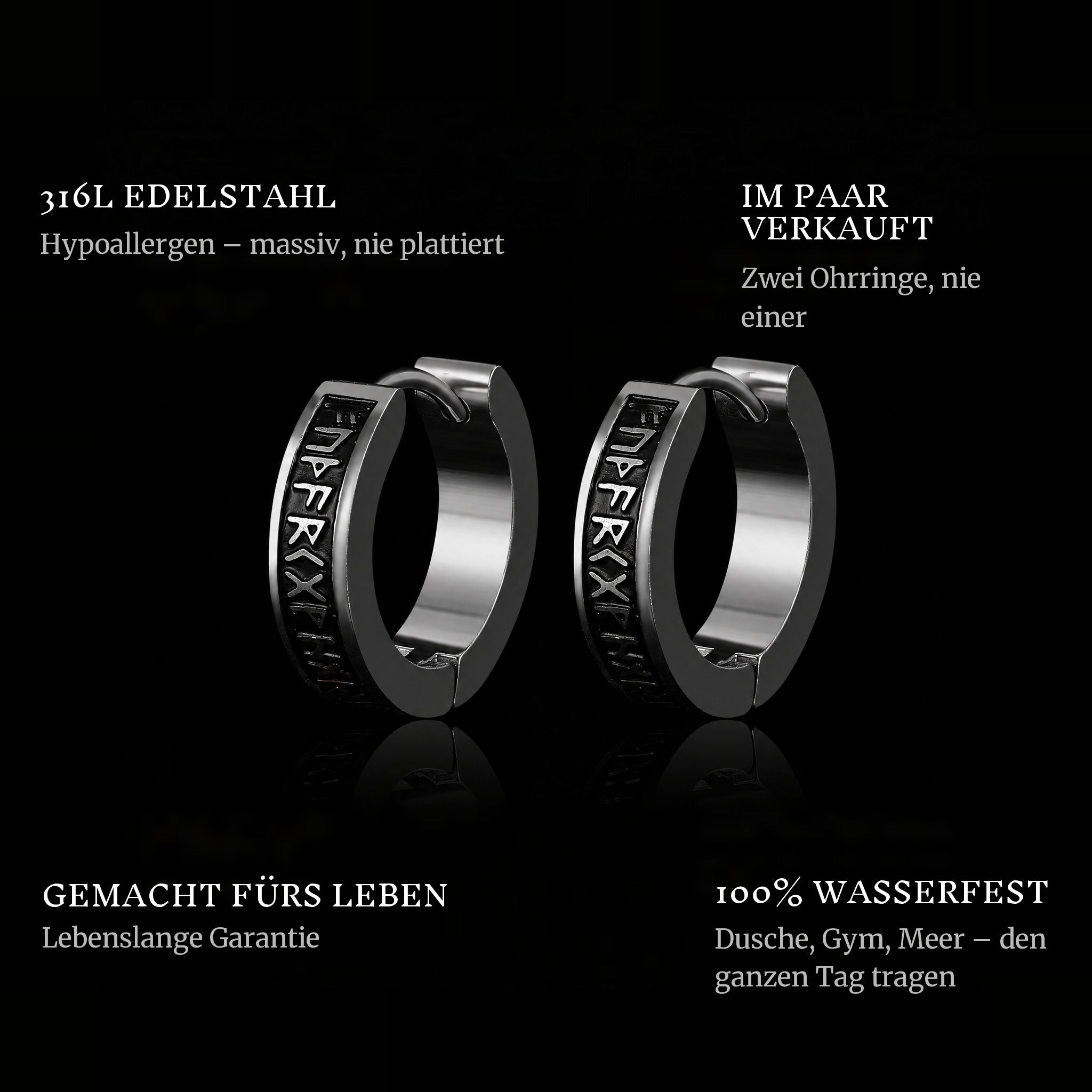 Signs Hoops features: 316L stainless steel, sold as a pair, 100% waterproof, lifetime guarantee