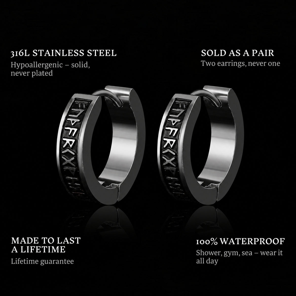 Signs Hoops features: 316L stainless steel, sold as a pair, 100% waterproof, lifetime guarantee