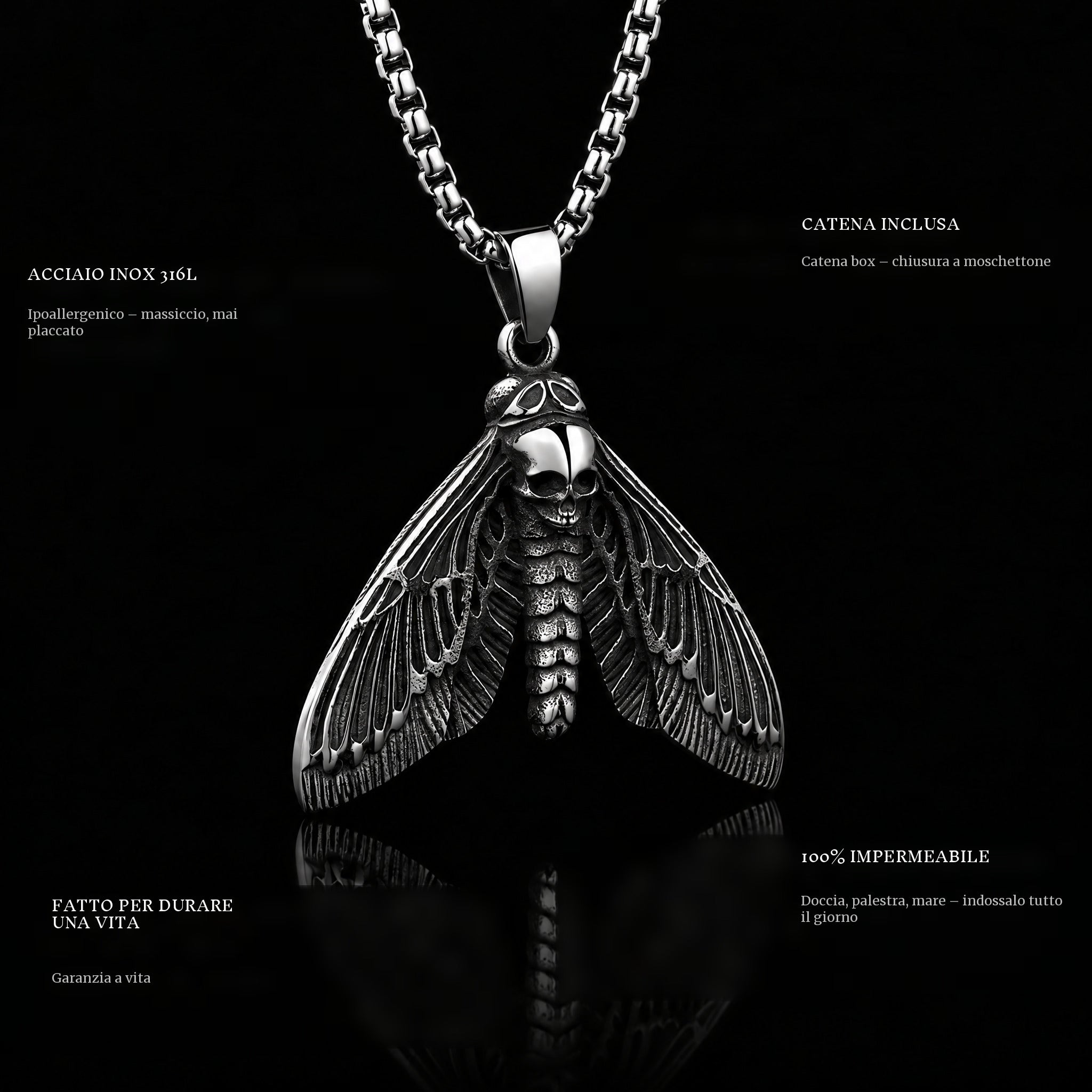 Skull Butterfly pendant features: 316L stainless steel, chain included, 100% waterproof, lifetime guarantee