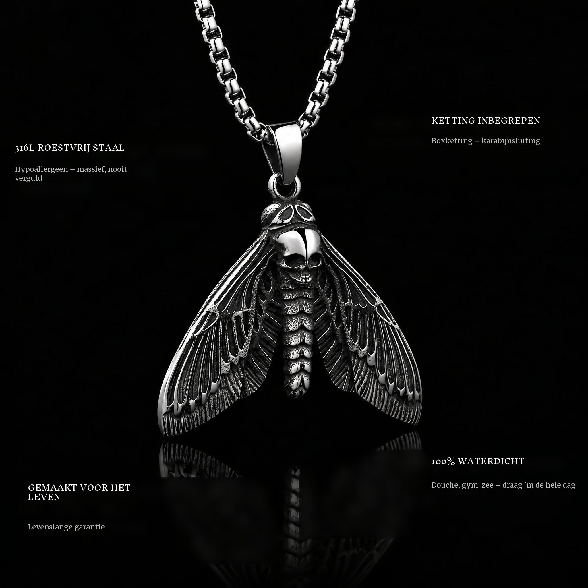 Skull Butterfly pendant features: 316L stainless steel, chain included, 100% waterproof, lifetime guarantee
