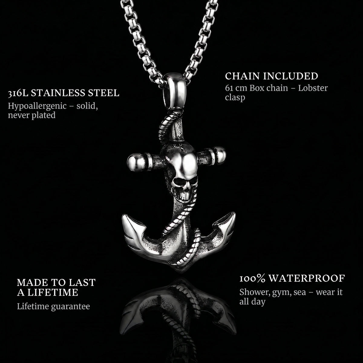 Skulled Anchor pendant features: 316L stainless steel, chain included, 100% waterproof, lifetime guarantee