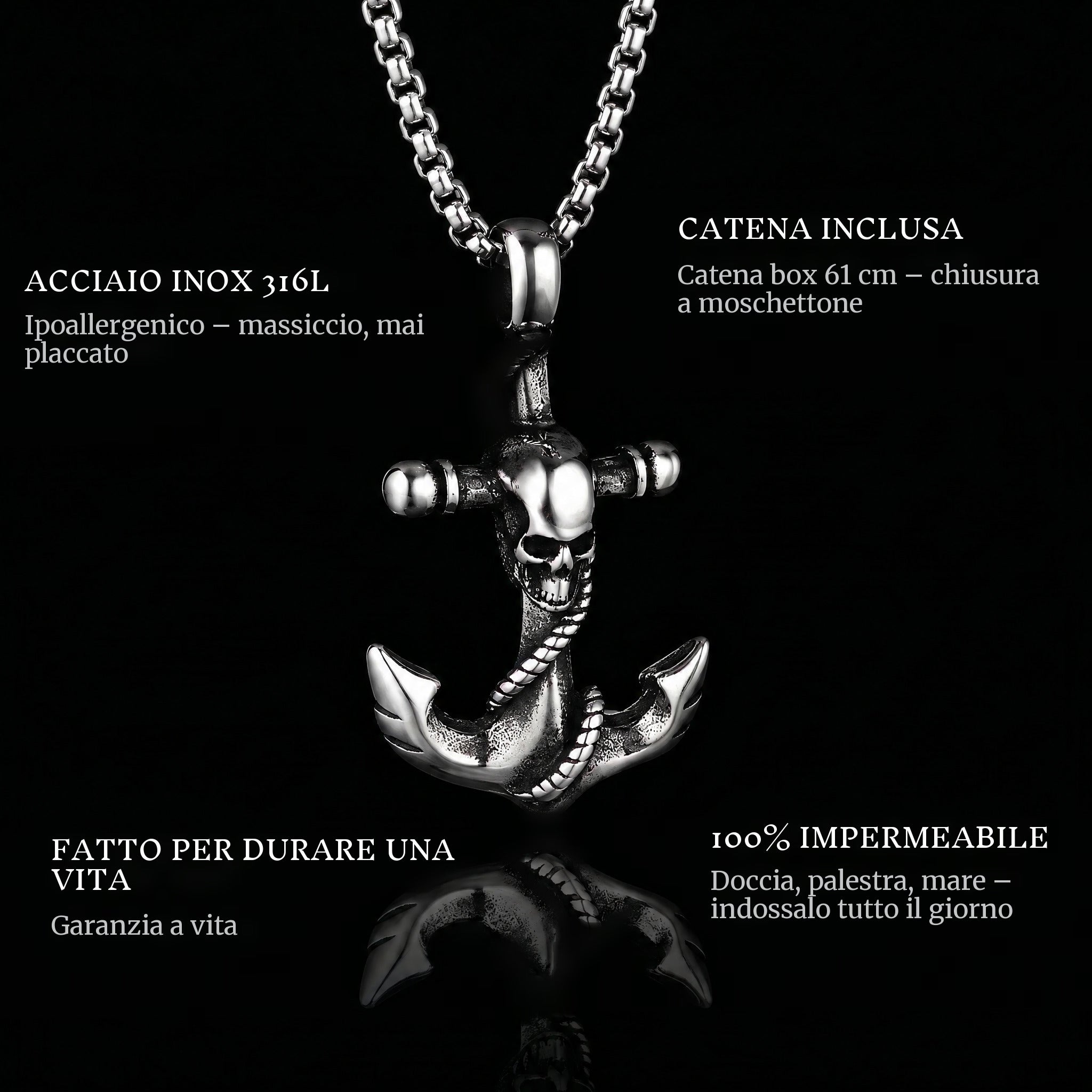Skulled Anchor pendant features: 316L stainless steel, chain included, 100% waterproof, lifetime guarantee