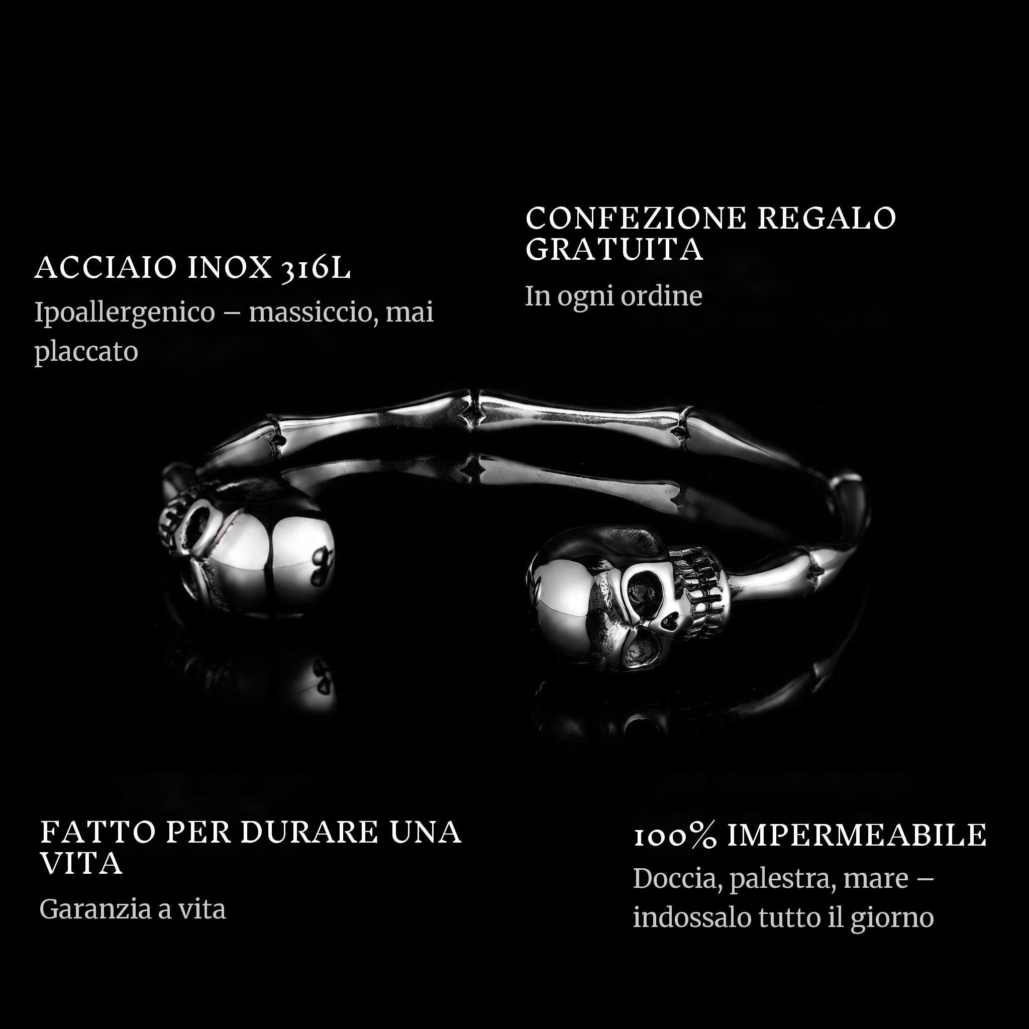 Skulled features: 316L stainless steel, free gift packaging, 100% waterproof, lifetime guarantee