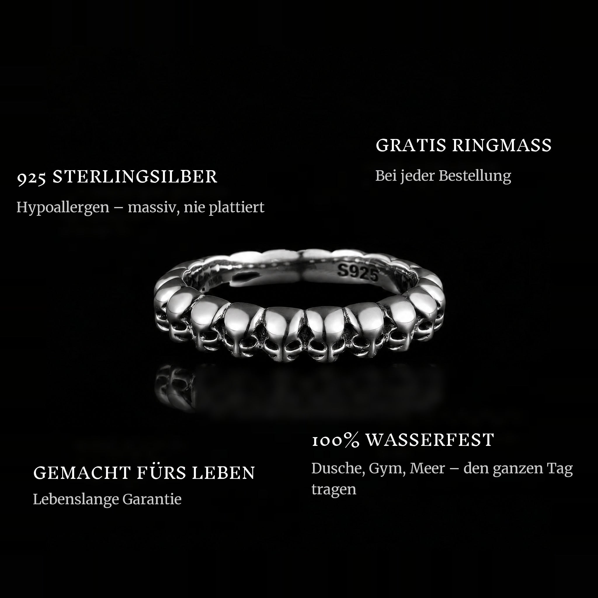Skulls ring features: 925 sterling silver, free ring sizer in every order, 100% waterproof, lifetime guarantee