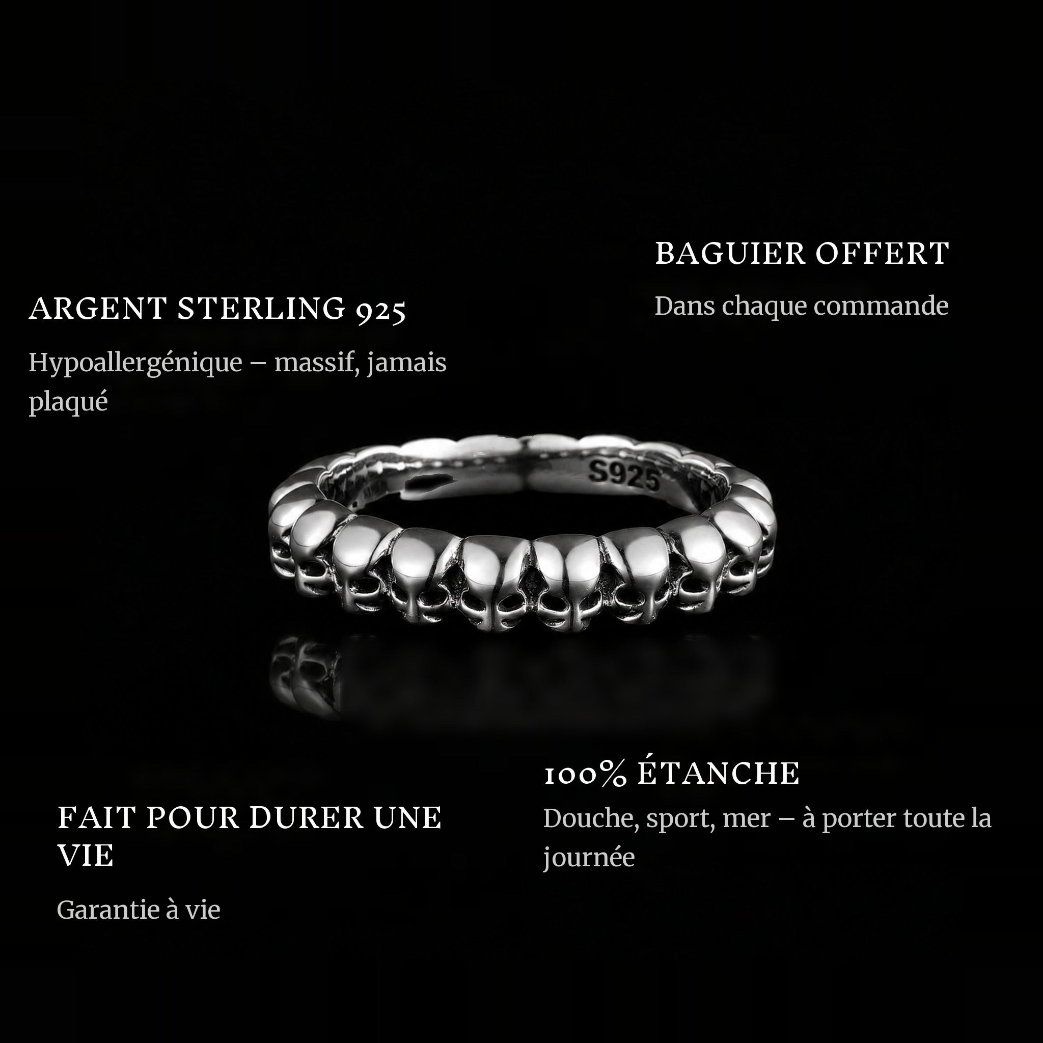 Skulls ring features: 925 sterling silver, free ring sizer in every order, 100% waterproof, lifetime guarantee