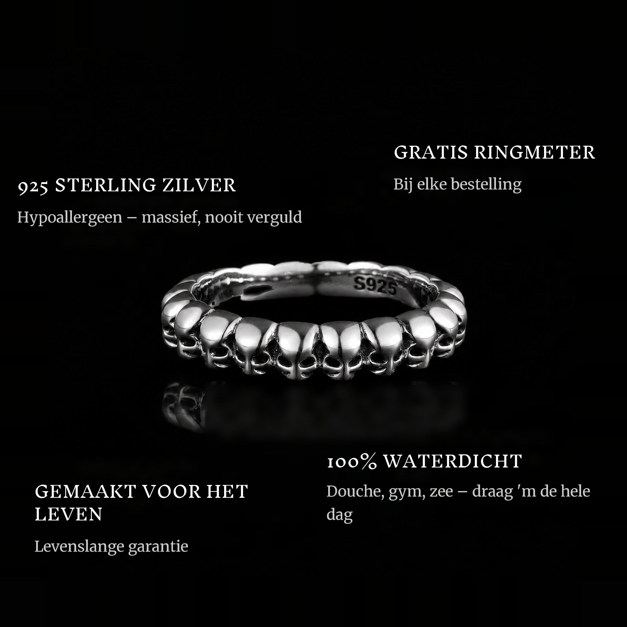 Skulls ring features: 925 sterling silver, free ring sizer in every order, 100% waterproof, lifetime guarantee