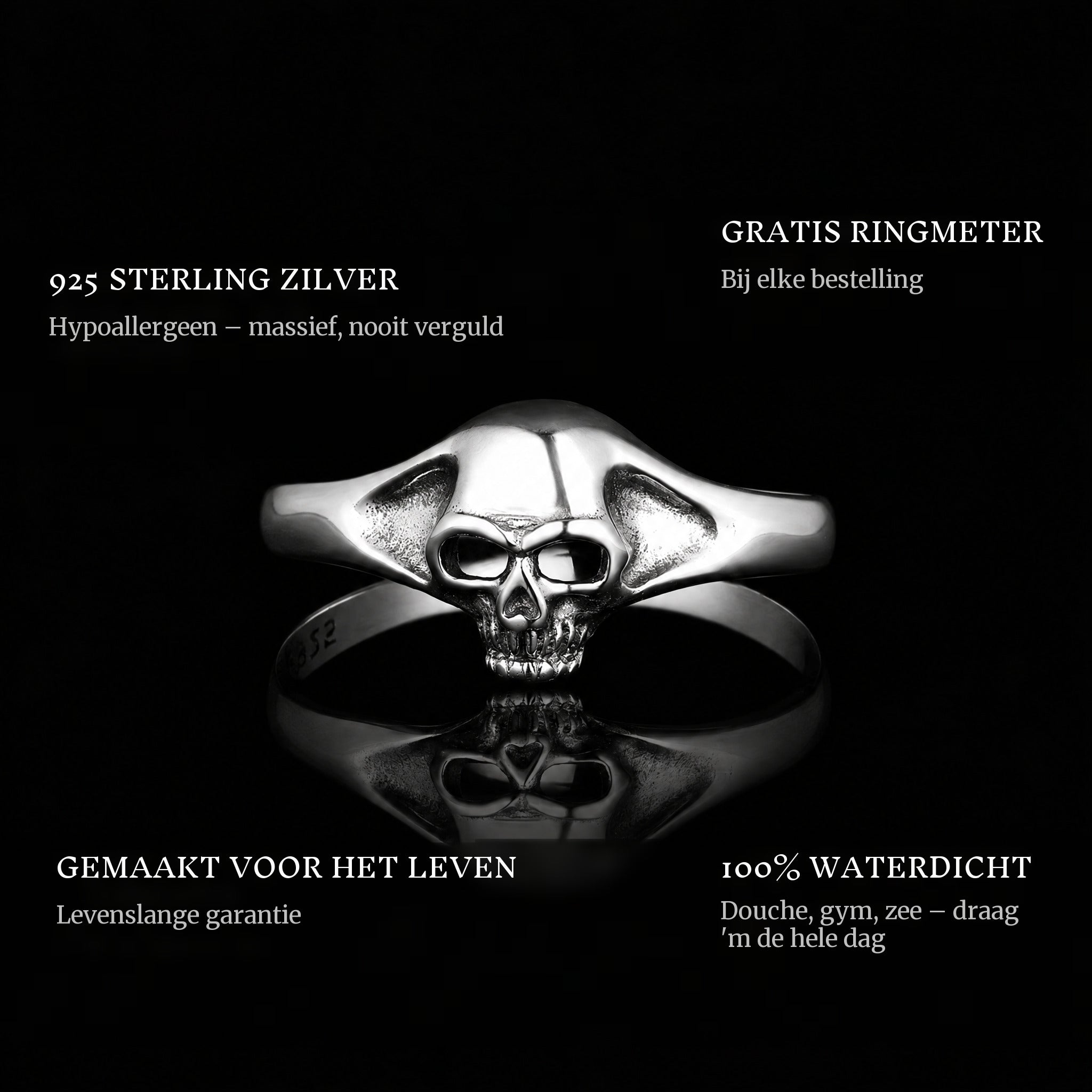 Skully ring features: 925 sterling silver, free ring sizer in every order, 100% waterproof, lifetime guarantee