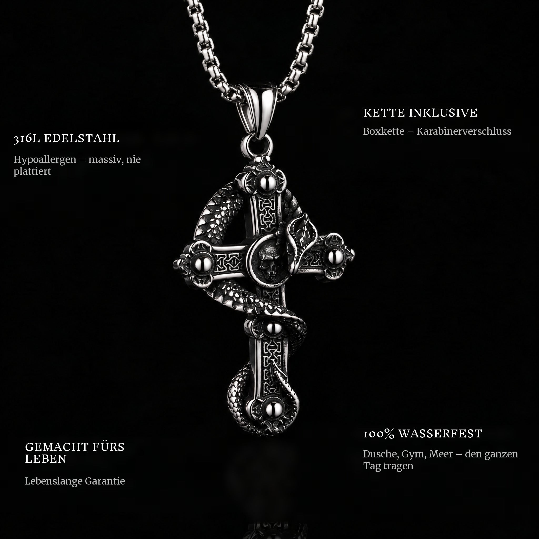 Snake Cross pendant features: 316L stainless steel, chain included, 100% waterproof, lifetime guarantee
