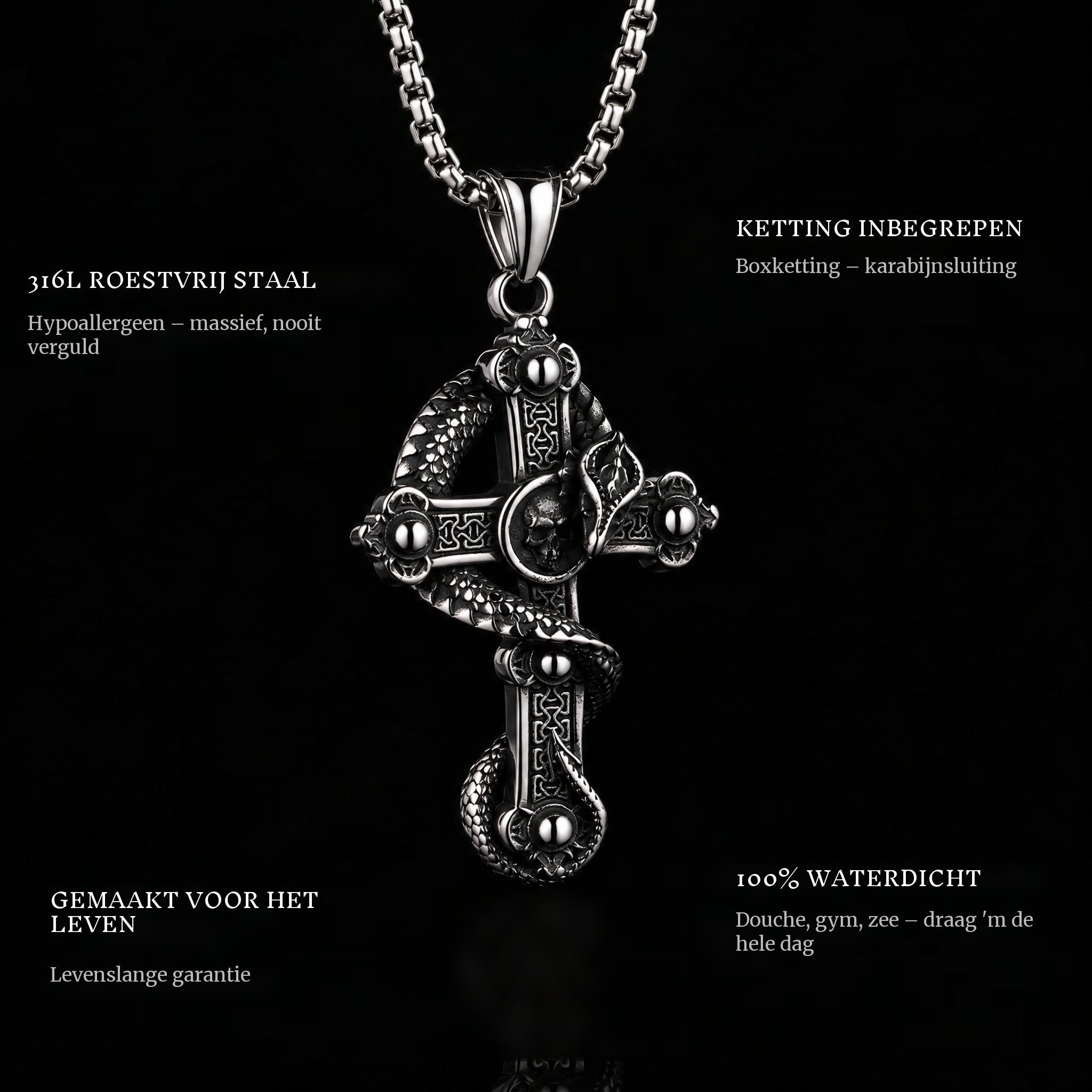 Snake Cross pendant features: 316L stainless steel, chain included, 100% waterproof, lifetime guarantee