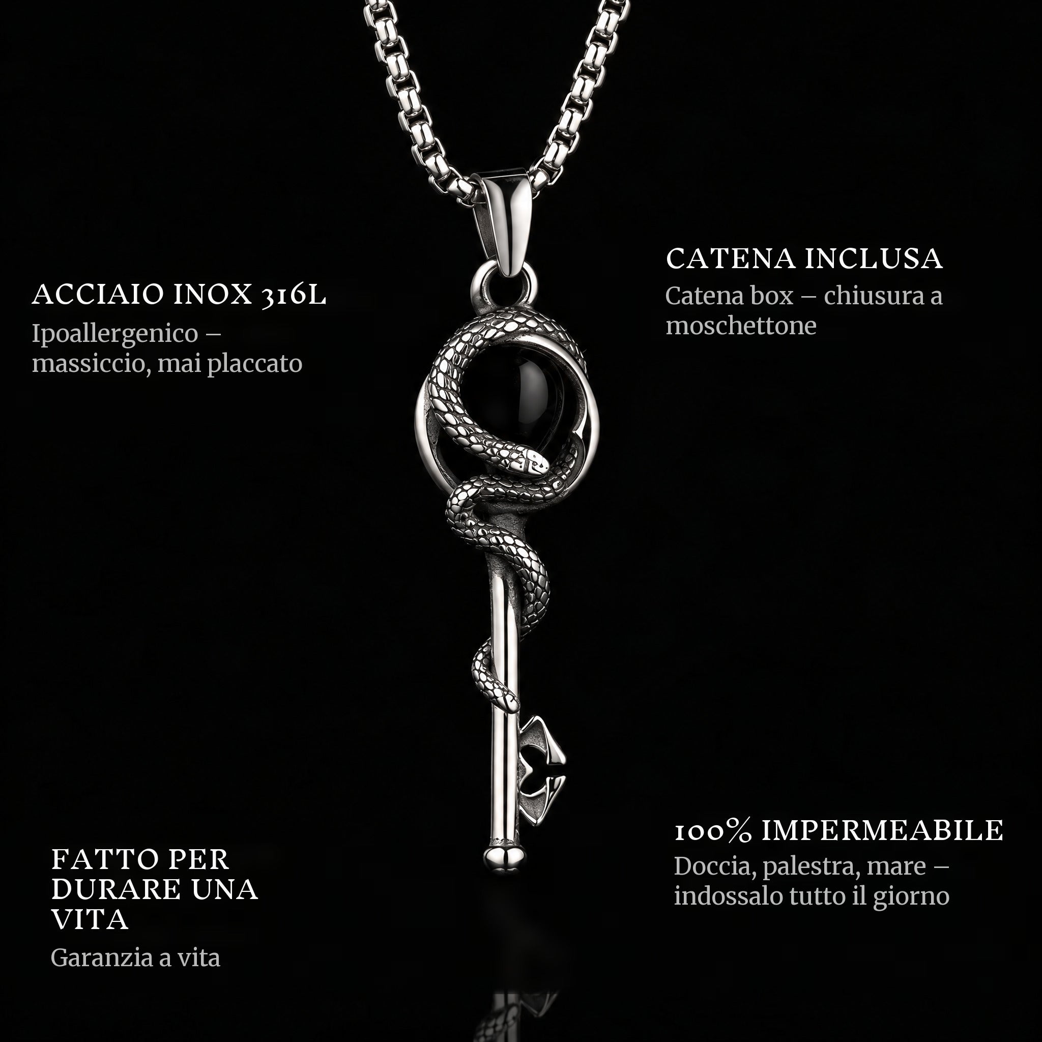 Snake Key pendant features: 316L stainless steel, chain included, 100% waterproof, lifetime guarantee