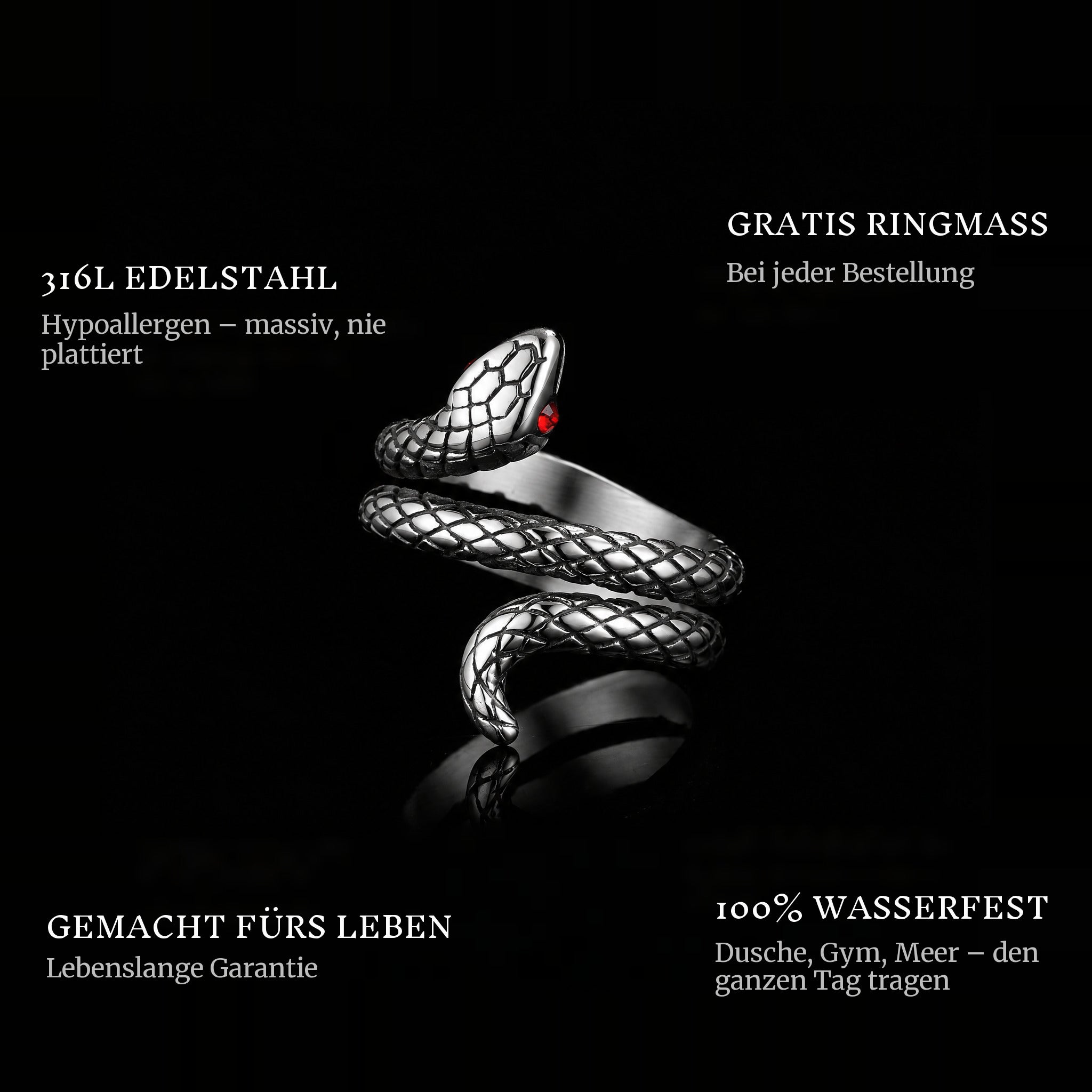 Snake ring features: 316L stainless steel, free ring sizer in every order, 100% waterproof, lifetime guarantee