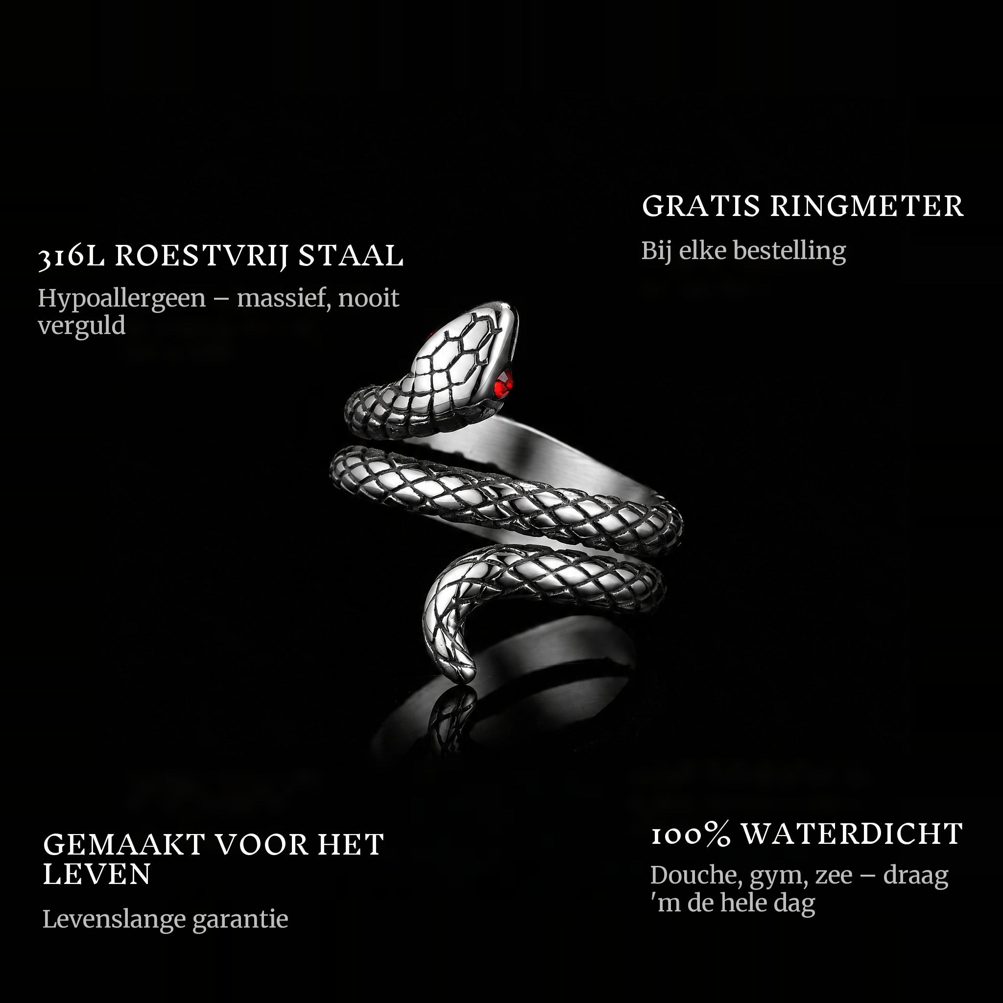Snake ring features: 316L stainless steel, free ring sizer in every order, 100% waterproof, lifetime guarantee