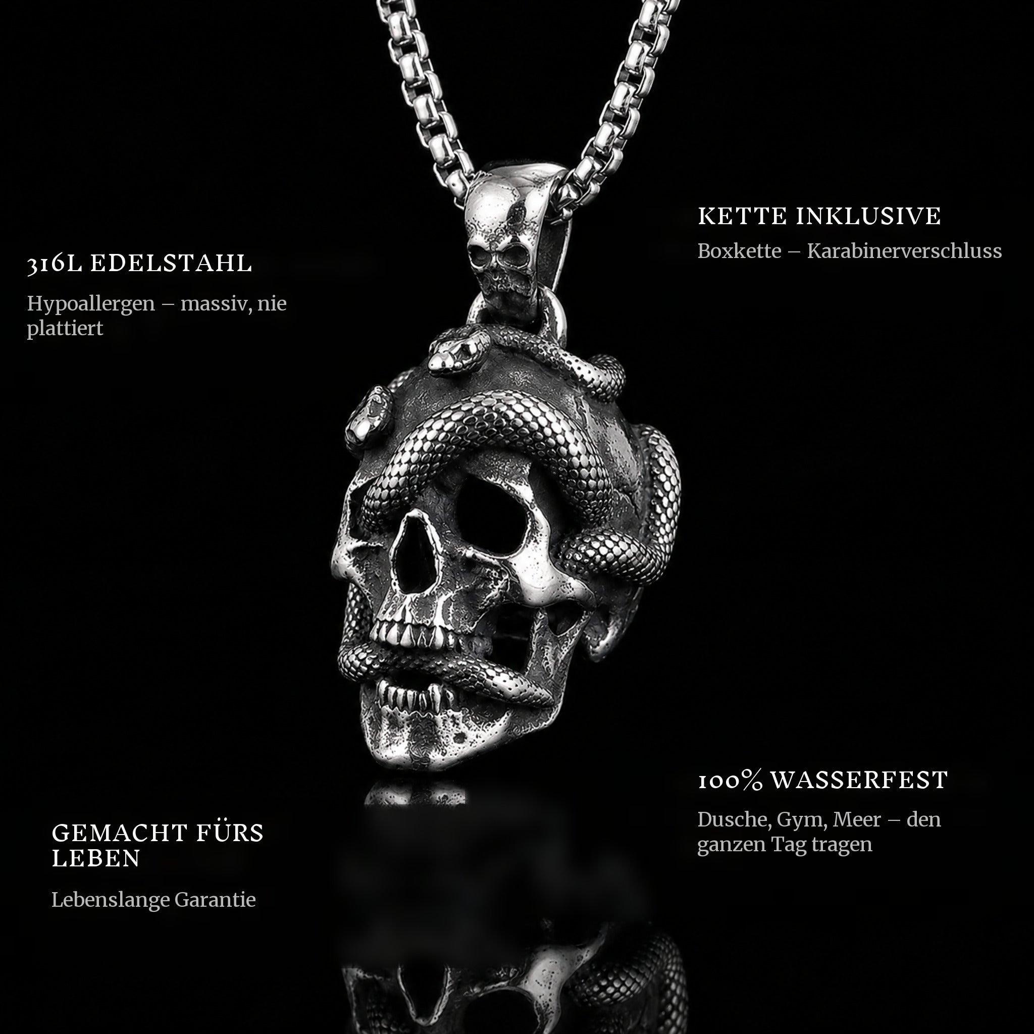 Snakes And Skulls pendant features: 316L stainless steel, chain included, 100% waterproof, lifetime guarantee