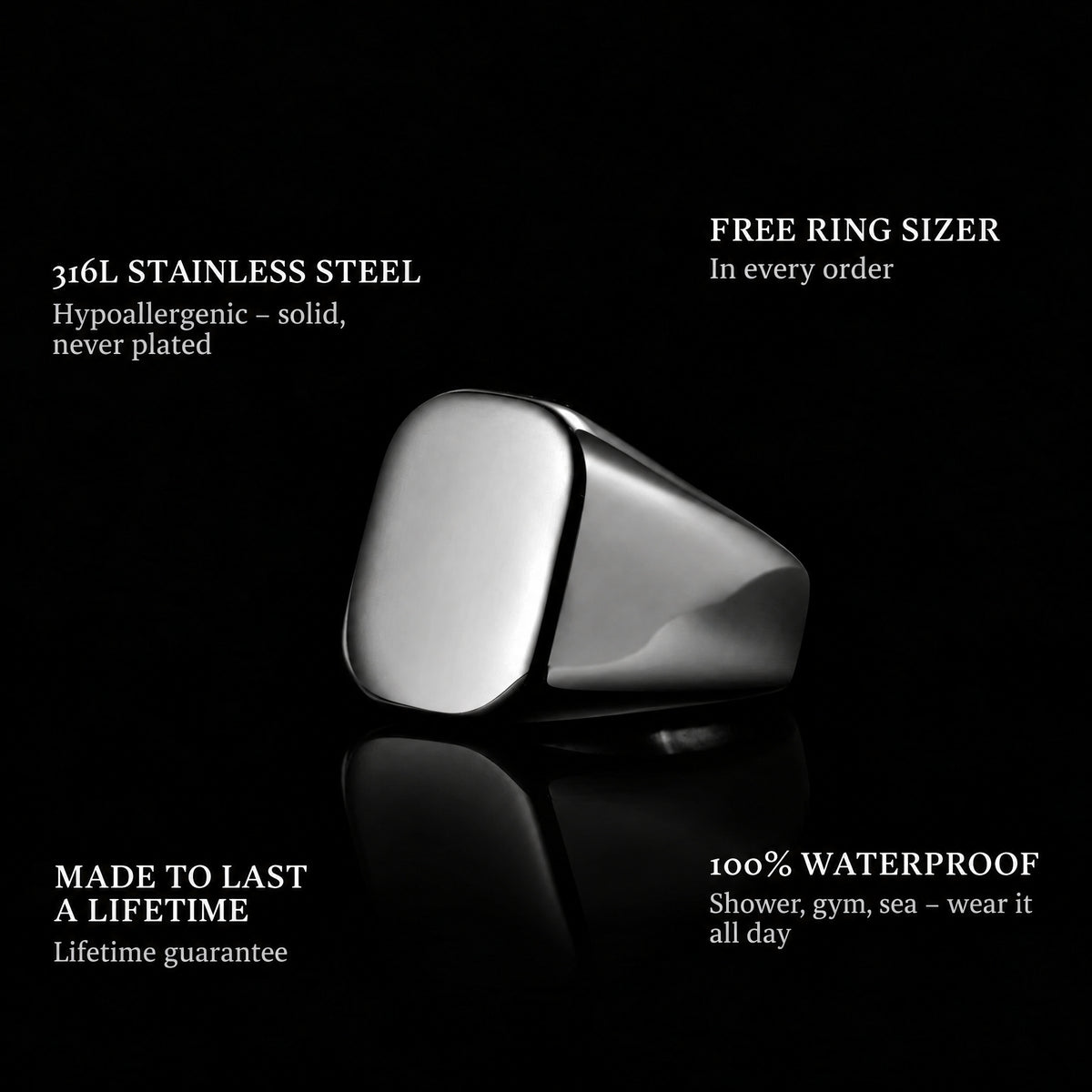 Square Black ring features: 316L stainless steel, free ring sizer in every order, 100% waterproof, lifetime guarantee