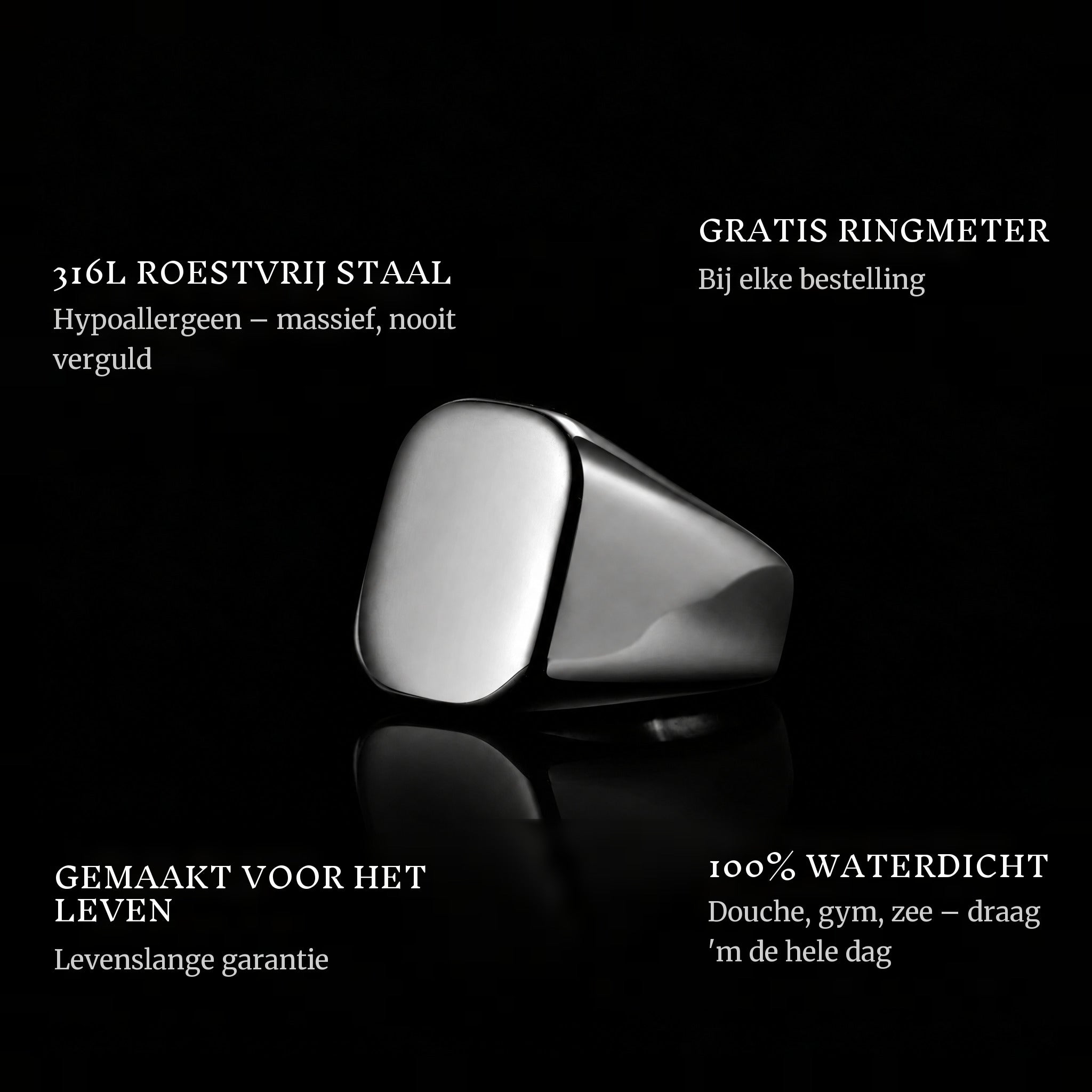 Square Black ring features: 316L stainless steel, free ring sizer in every order, 100% waterproof, lifetime guarantee