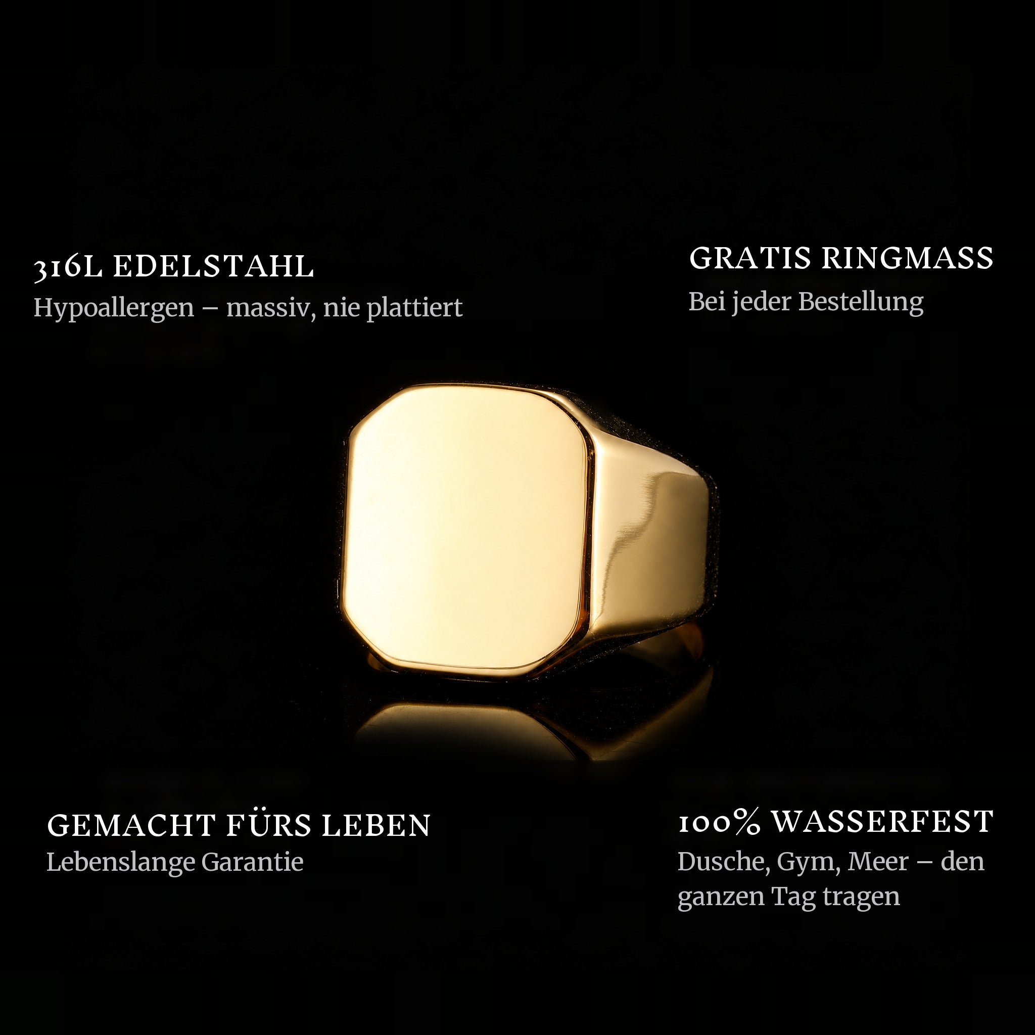 Square Gold ring features: 316L stainless steel, free ring sizer in every order, 100% waterproof, lifetime guarantee