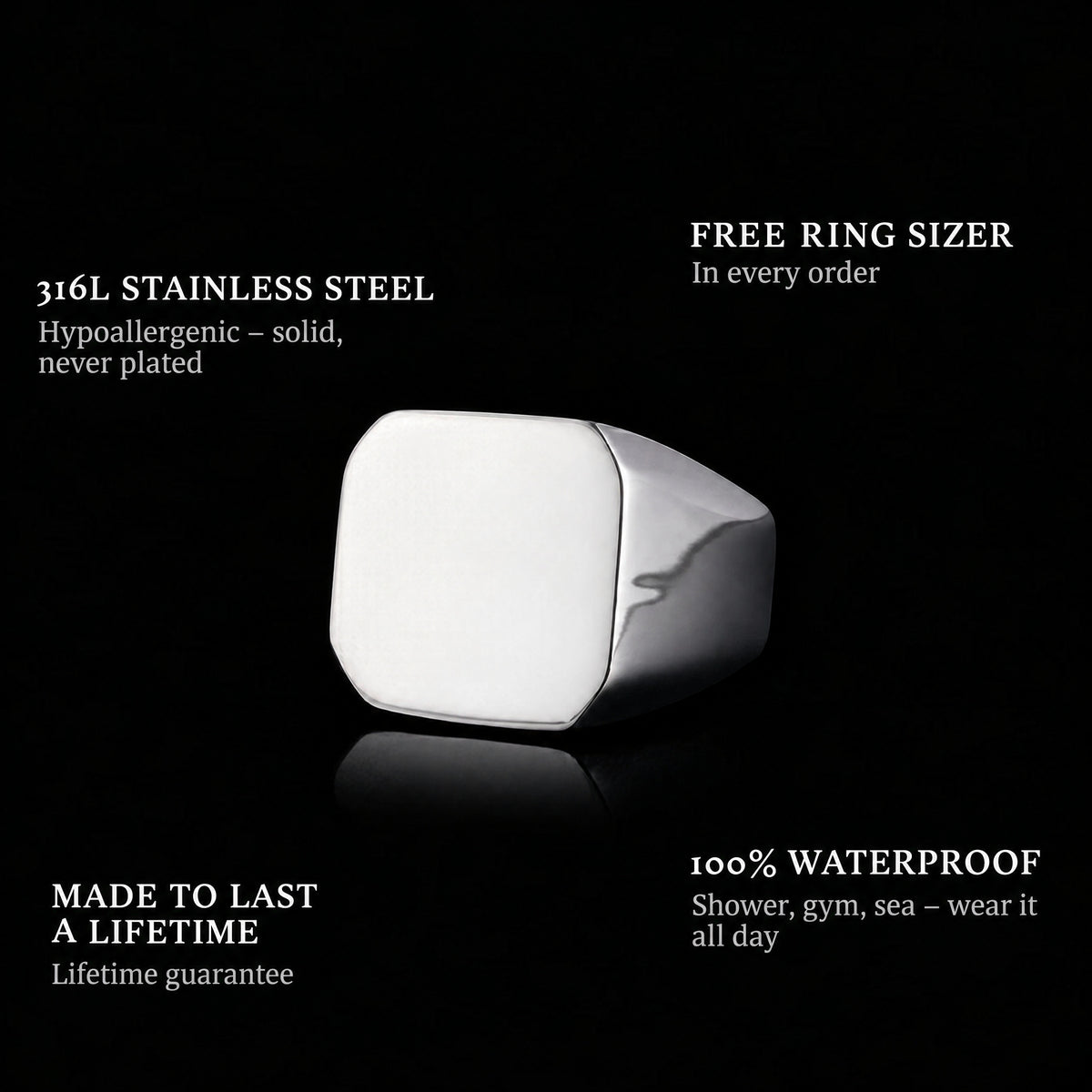 Square ring features: 316L stainless steel, free ring sizer in every order, 100% waterproof, lifetime guarantee