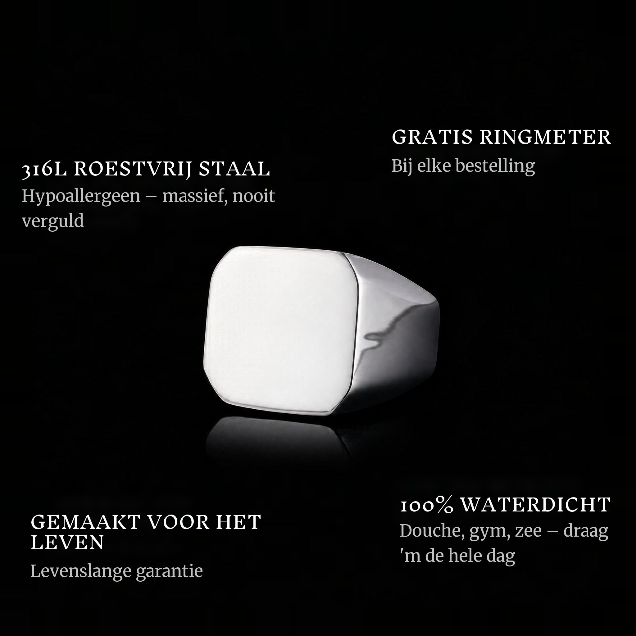 Square ring features: 316L stainless steel, free ring sizer in every order, 100% waterproof, lifetime guarantee