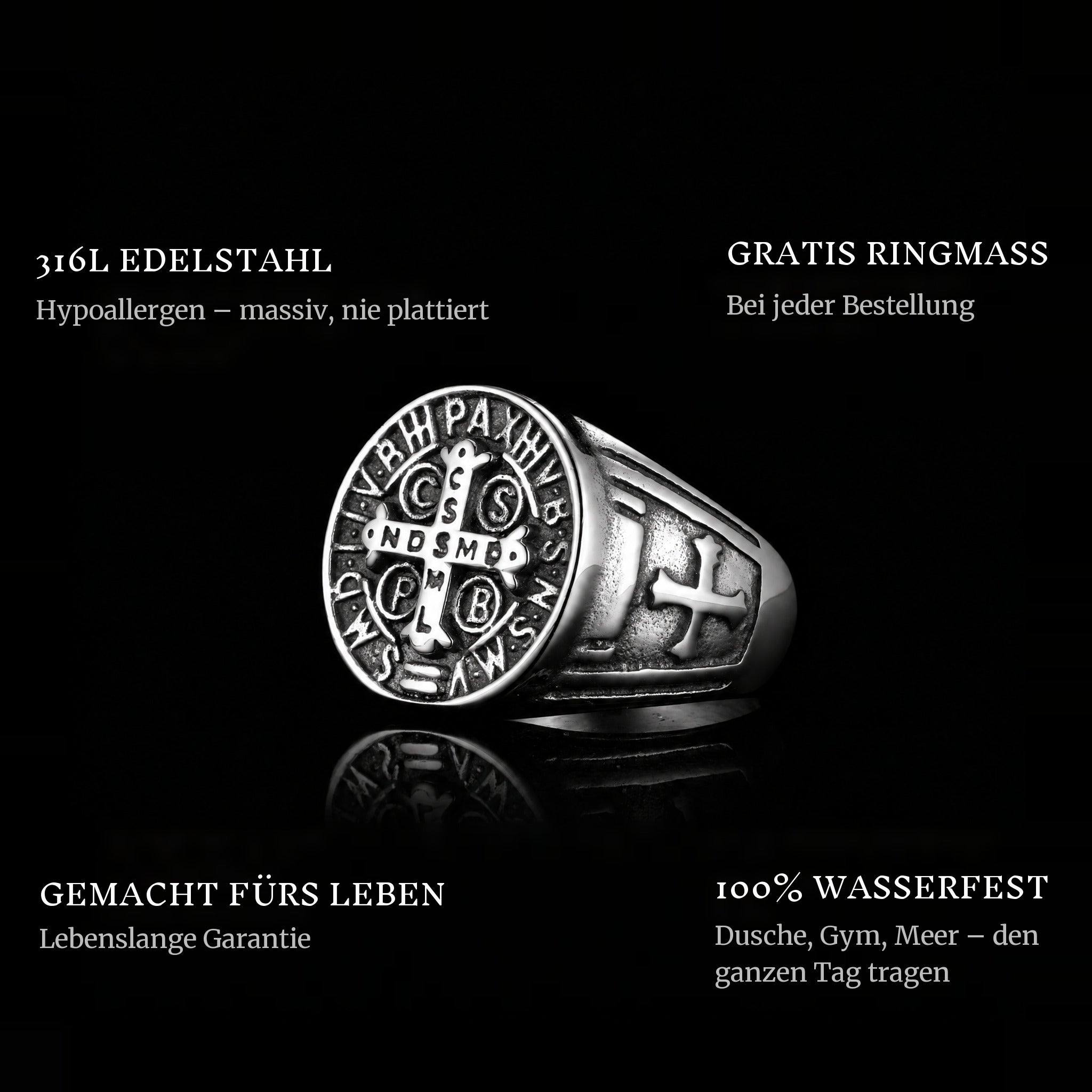 St. Benedict ring features: 316L stainless steel, free ring sizer in every order, 100% waterproof, lifetime guarantee