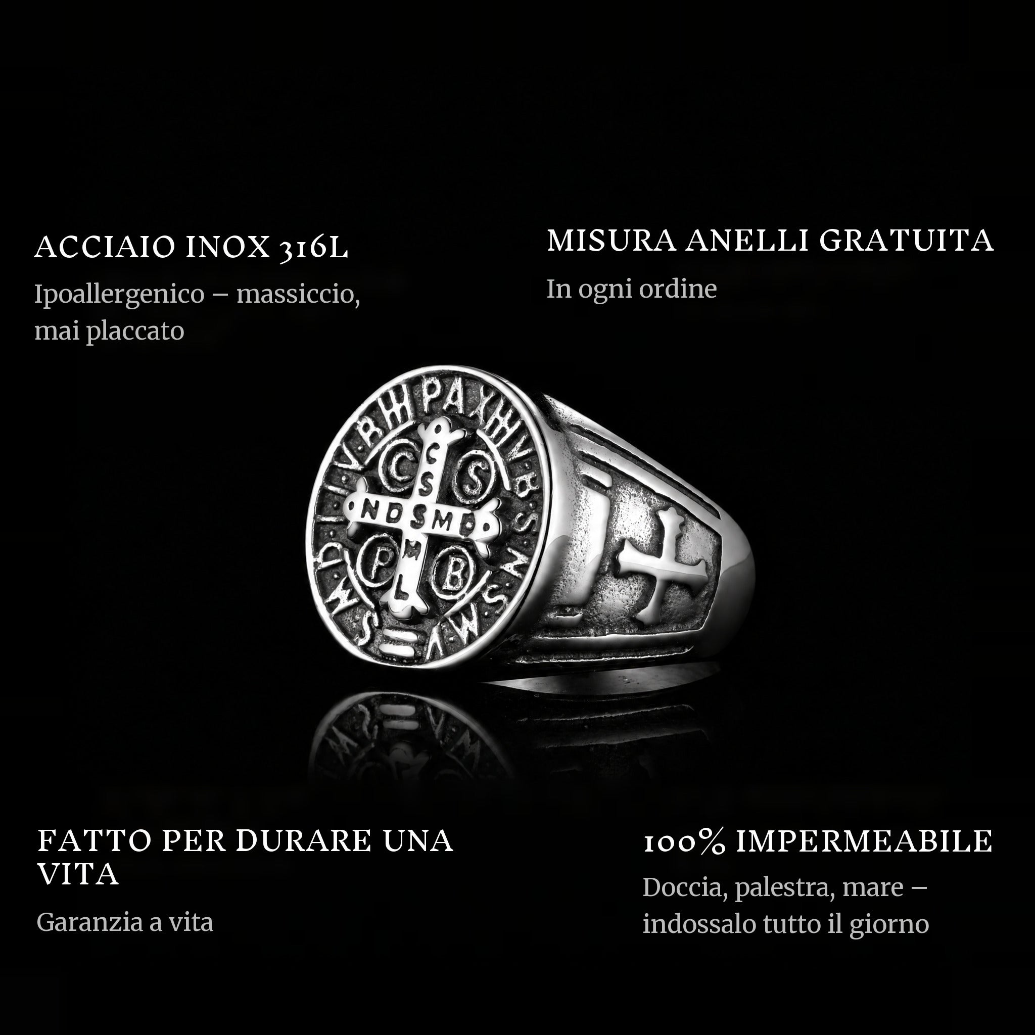 St. Benedict ring features: 316L stainless steel, free ring sizer in every order, 100% waterproof, lifetime guarantee