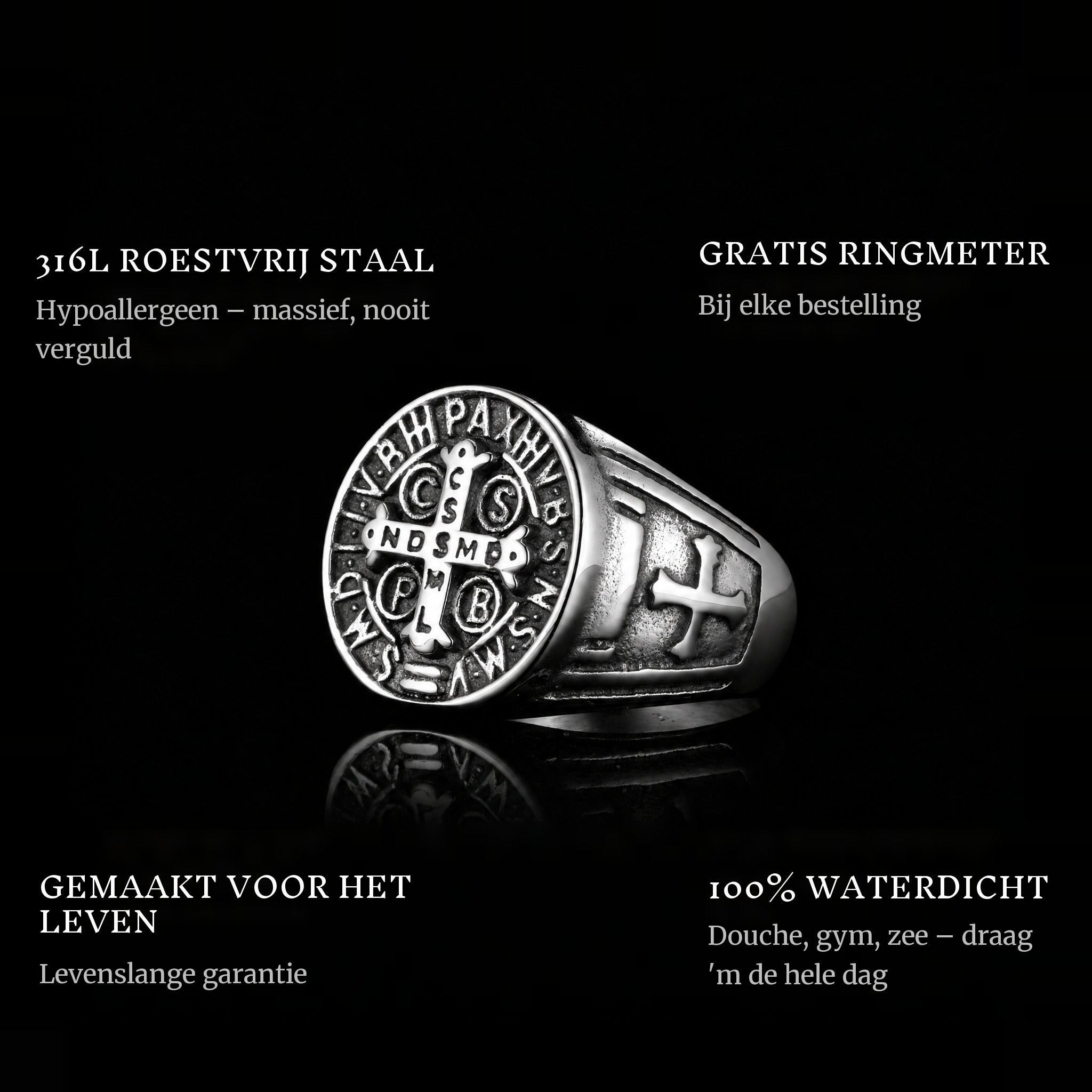 St. Benedict ring features: 316L stainless steel, free ring sizer in every order, 100% waterproof, lifetime guarantee