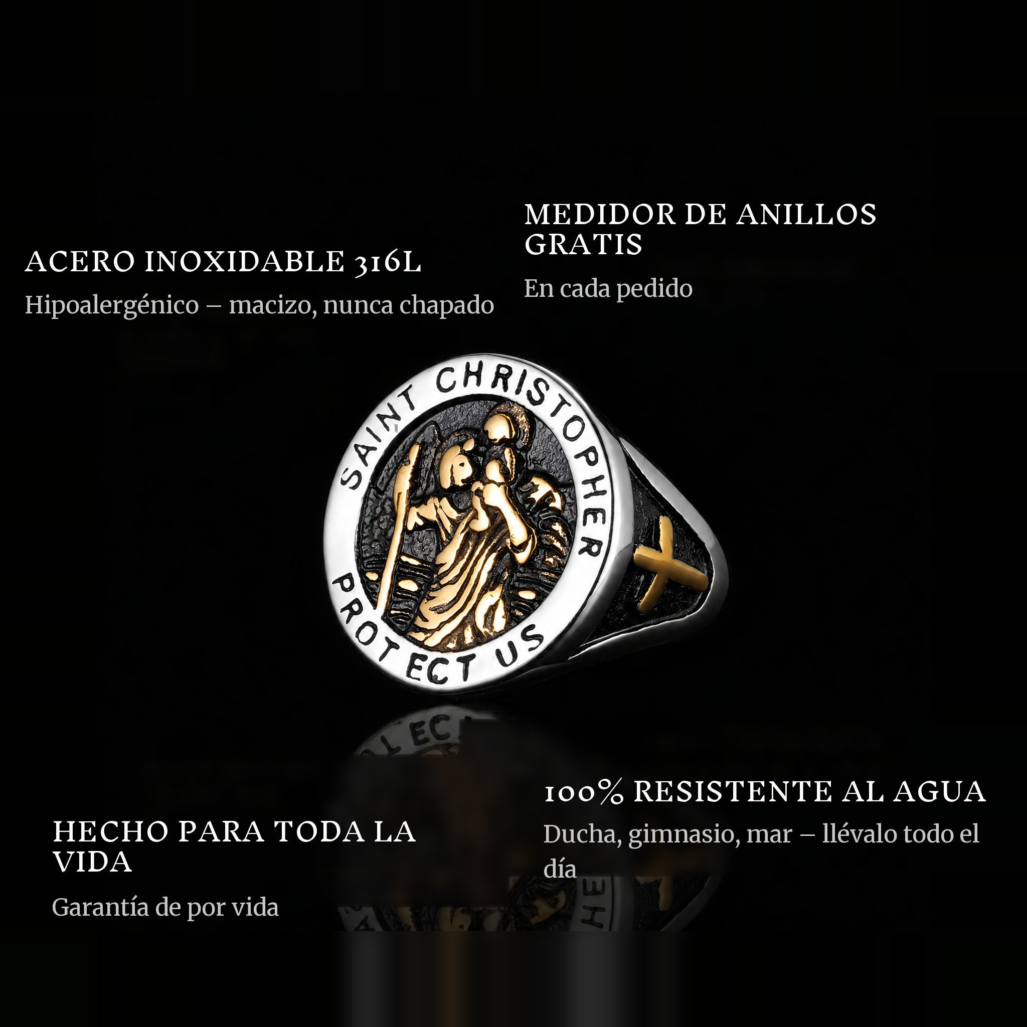 St. Christopher ring features: 316L stainless steel, free ring sizer in every order, 100% waterproof, lifetime guarantee