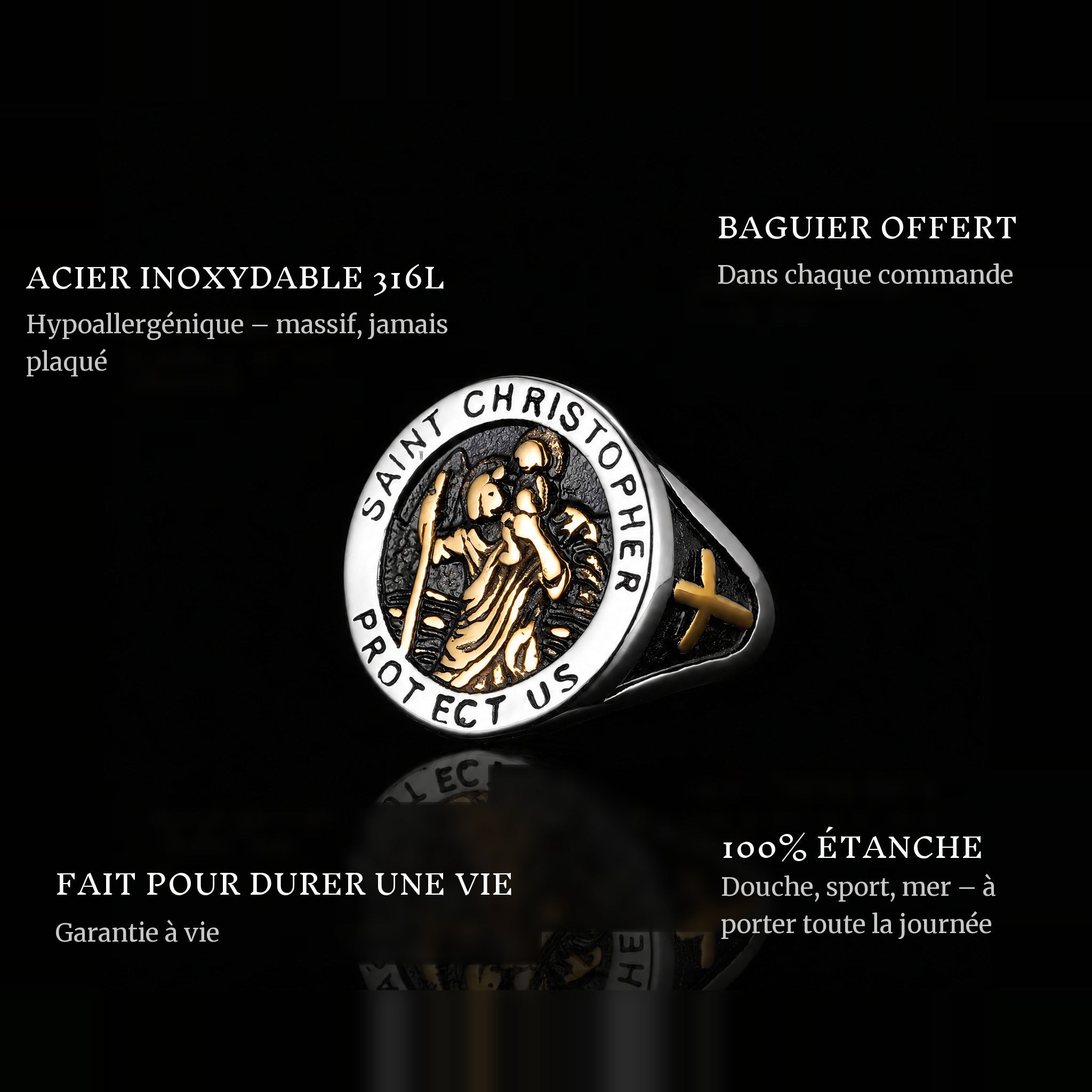 St. Christopher ring features: 316L stainless steel, free ring sizer in every order, 100% waterproof, lifetime guarantee