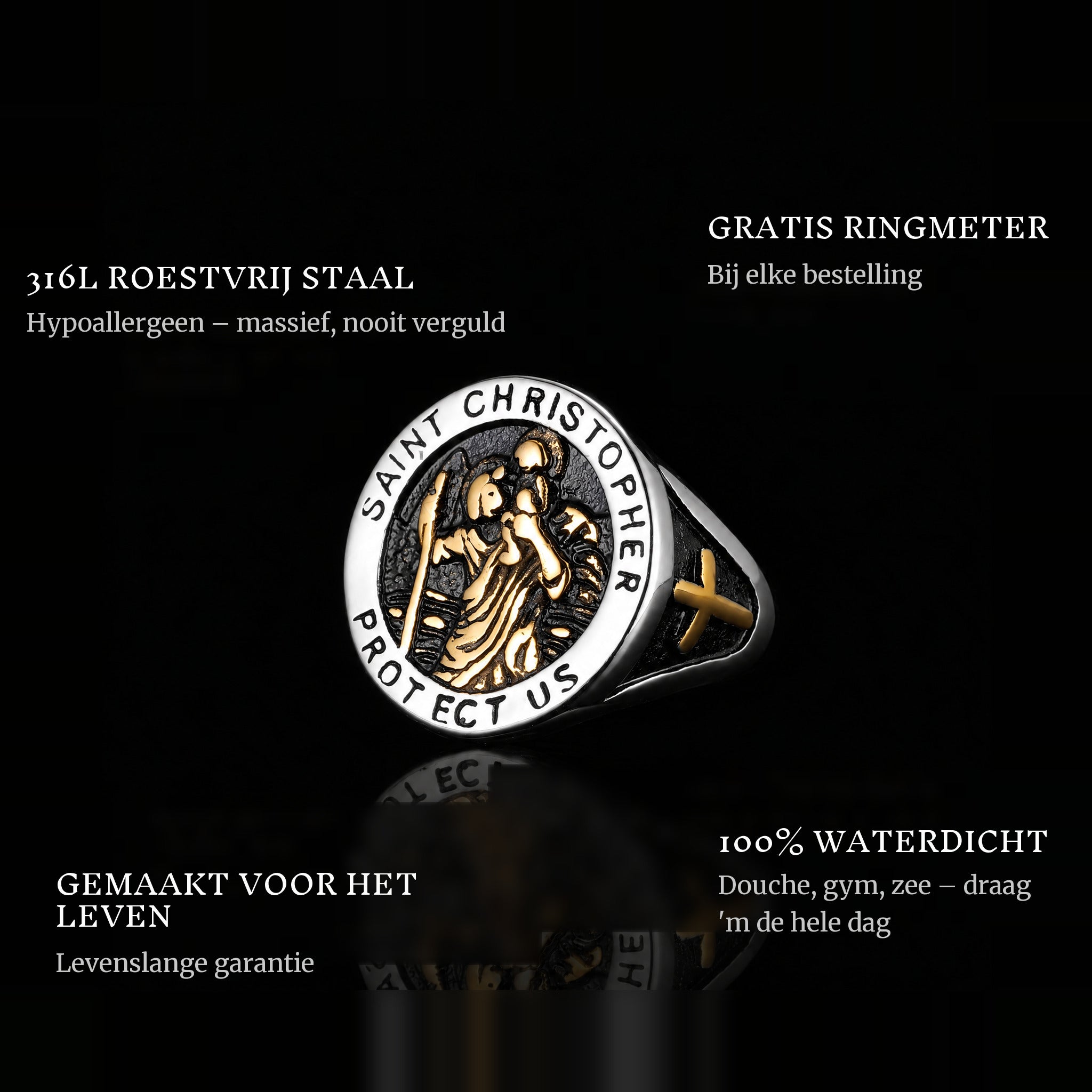 St. Christopher ring features: 316L stainless steel, free ring sizer in every order, 100% waterproof, lifetime guarantee