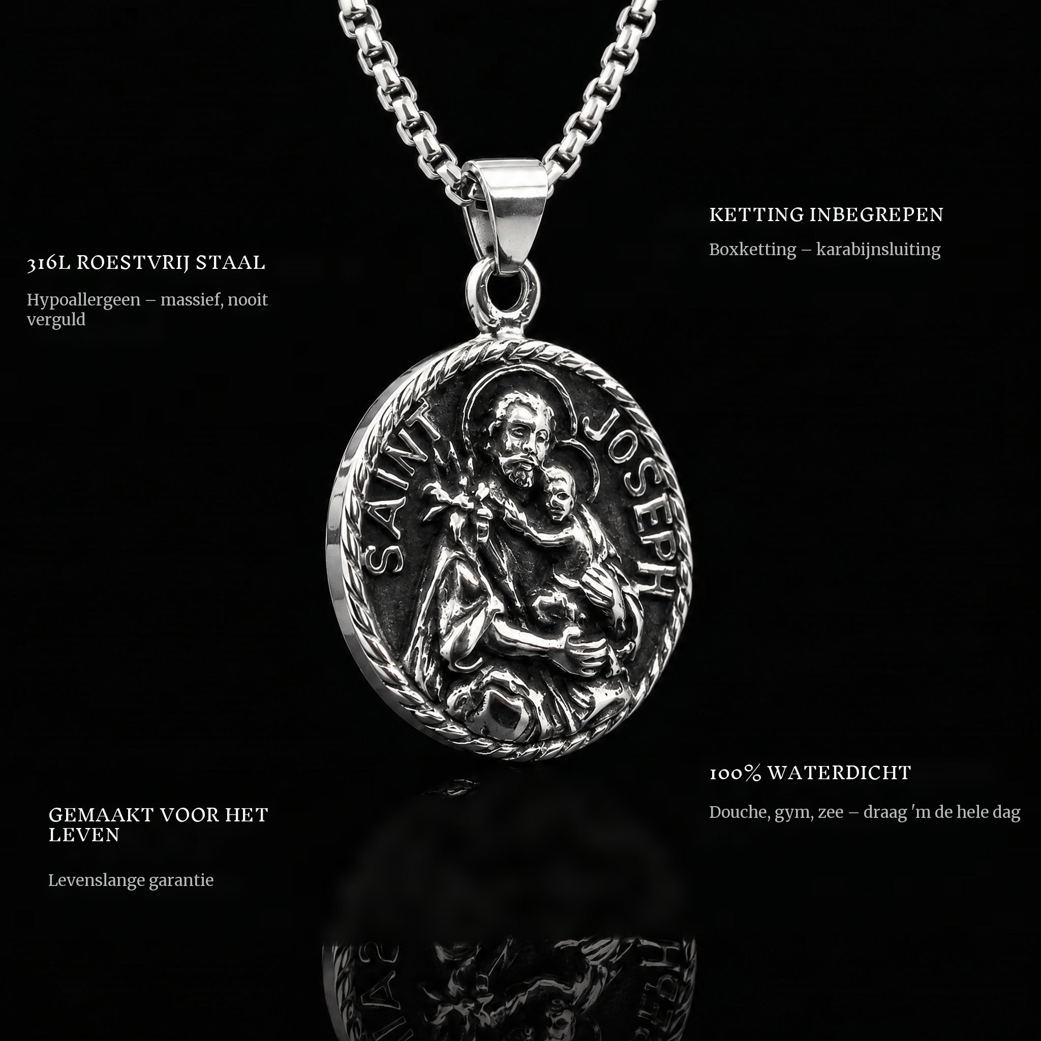 St. Joseph pendant features: 316L stainless steel, chain included, 100% waterproof, lifetime guarantee