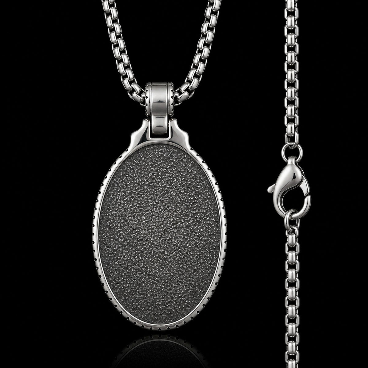 Back of the St. Michaels Badge pendant: blank oxidised 316L stainless steel with a stippled texture, beaded rim, plain steel bail and 61 cm box chain with lobster clasp
