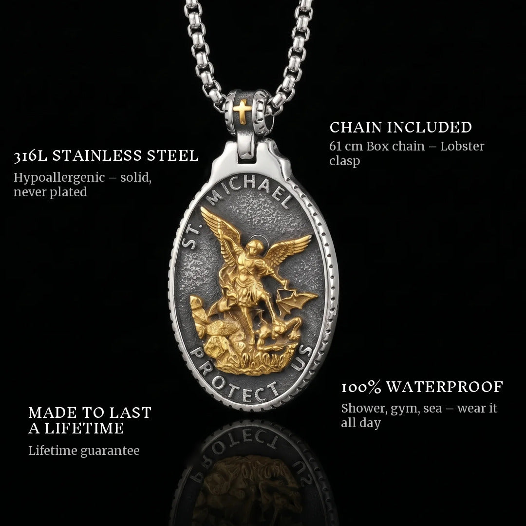 St. Michaels Badge pendant features: 316L stainless steel, 61 cm box chain included, 100% waterproof, lifetime guarantee