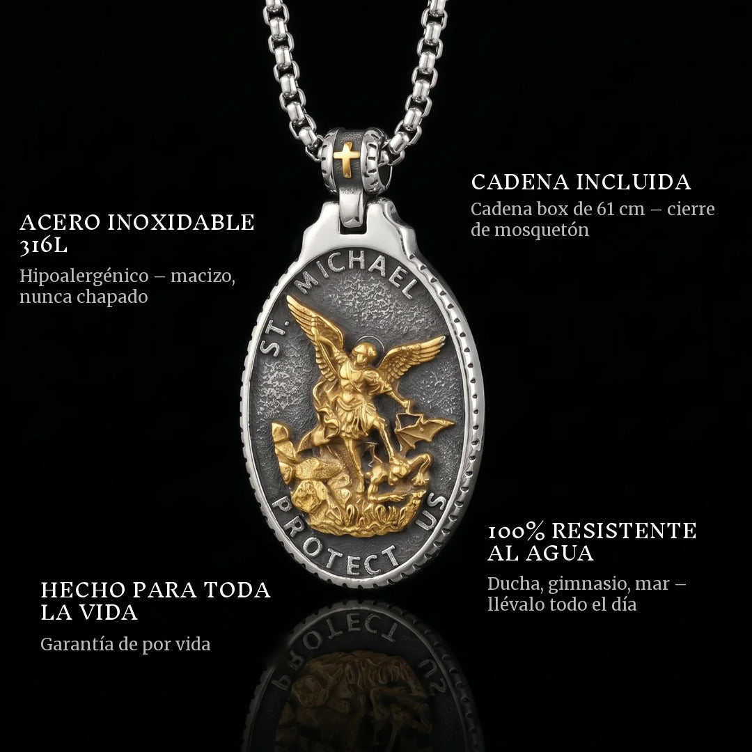 St. Michaels Badge pendant features: 316L stainless steel, 61 cm box chain included, 100% waterproof, lifetime guarantee
