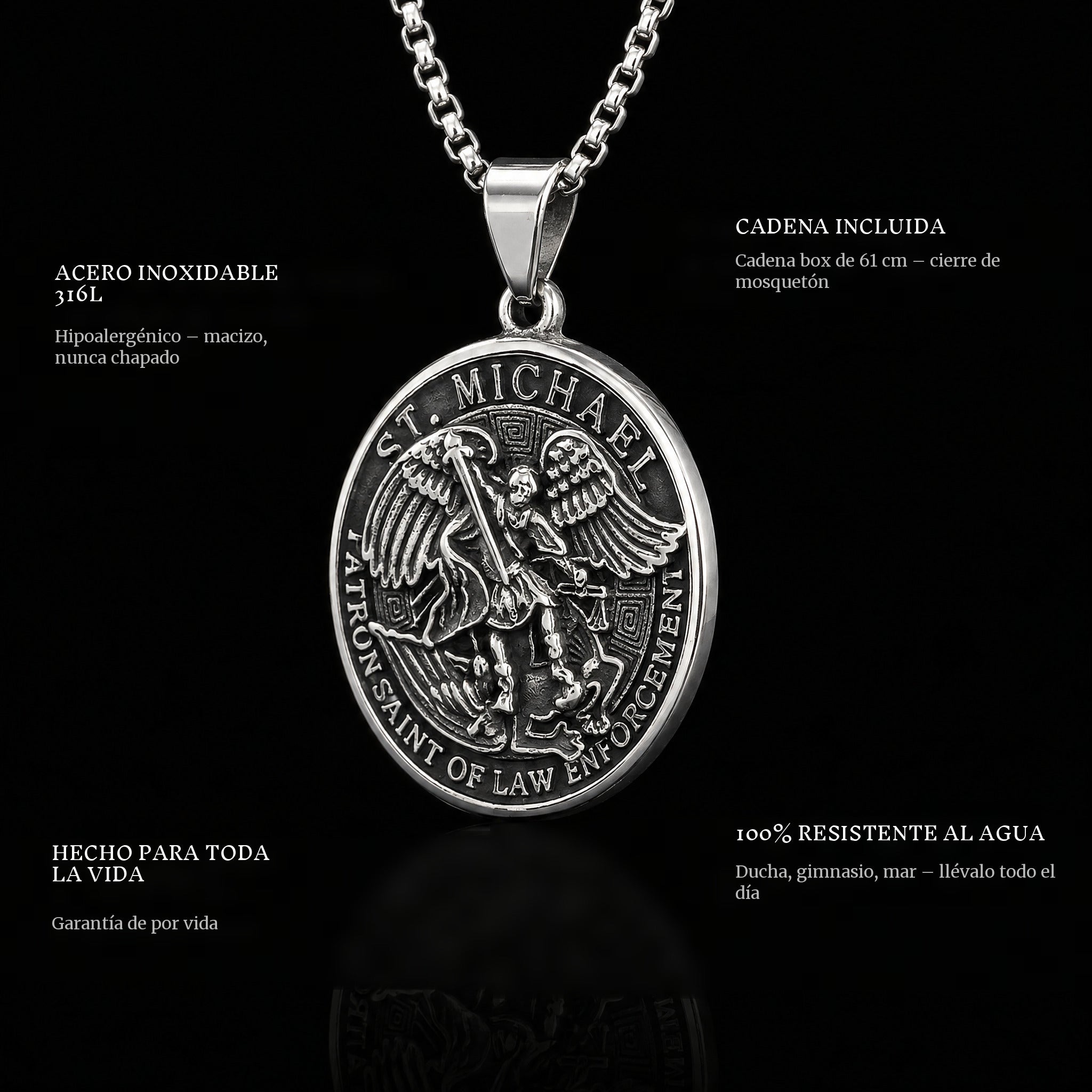 St. Michaels pendant features: 316L stainless steel, chain included, 100% waterproof, lifetime guarantee