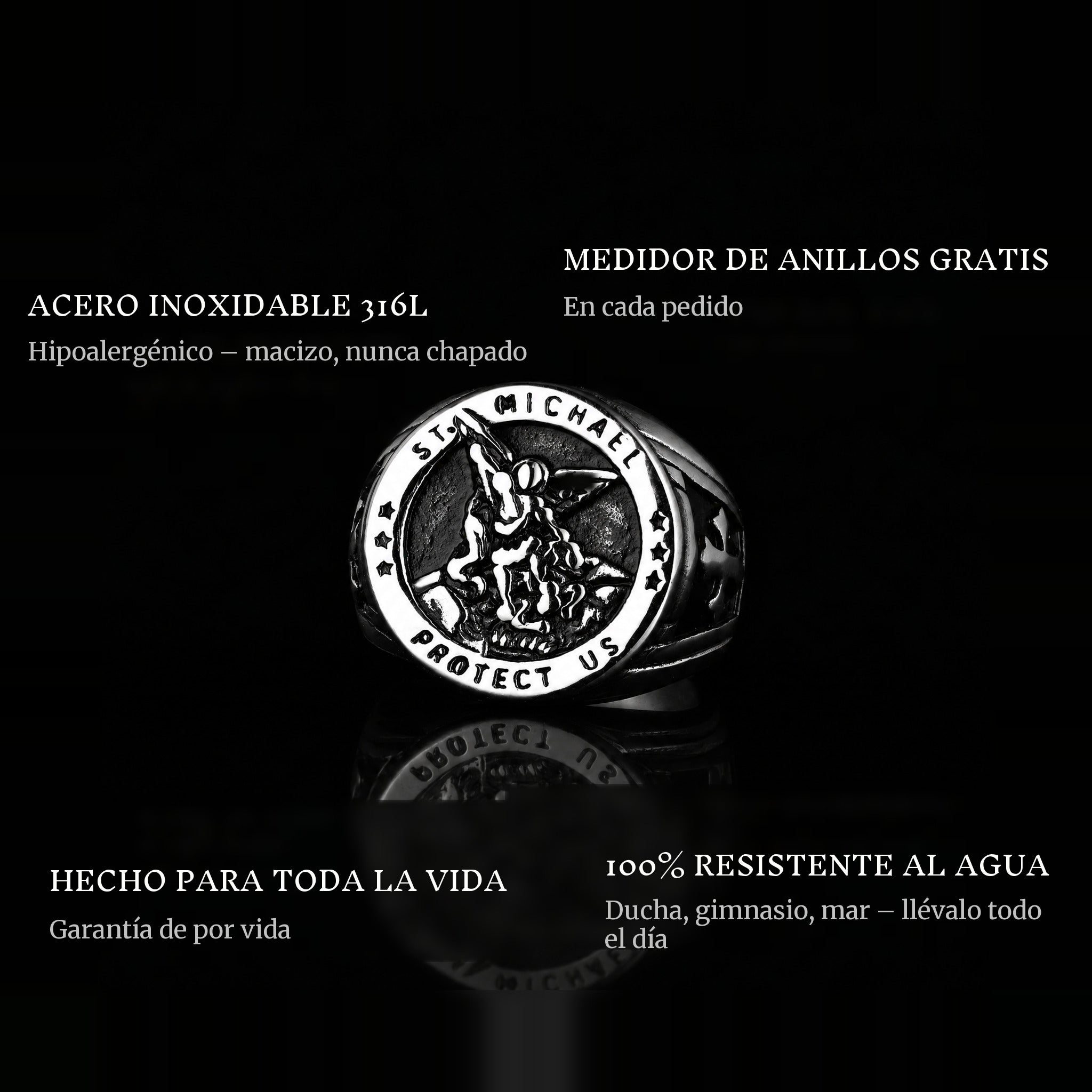 St. Michaels ring features: 316L stainless steel, free ring sizer in every order, 100% waterproof, lifetime guarantee