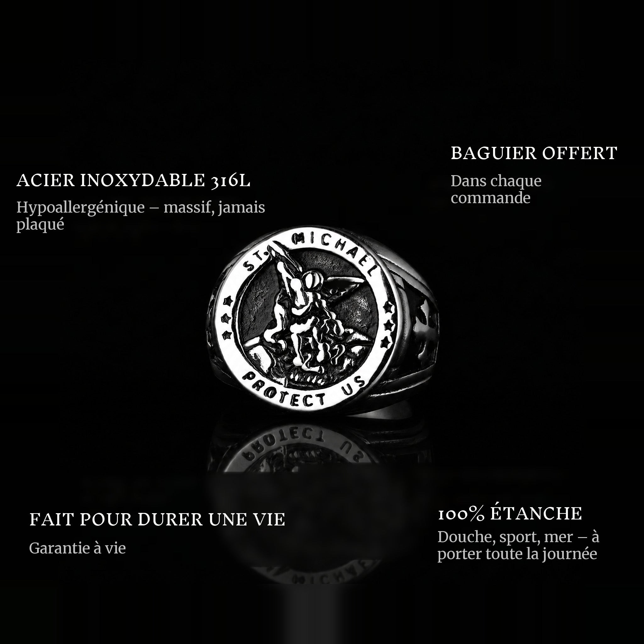 St. Michaels ring features: 316L stainless steel, free ring sizer in every order, 100% waterproof, lifetime guarantee