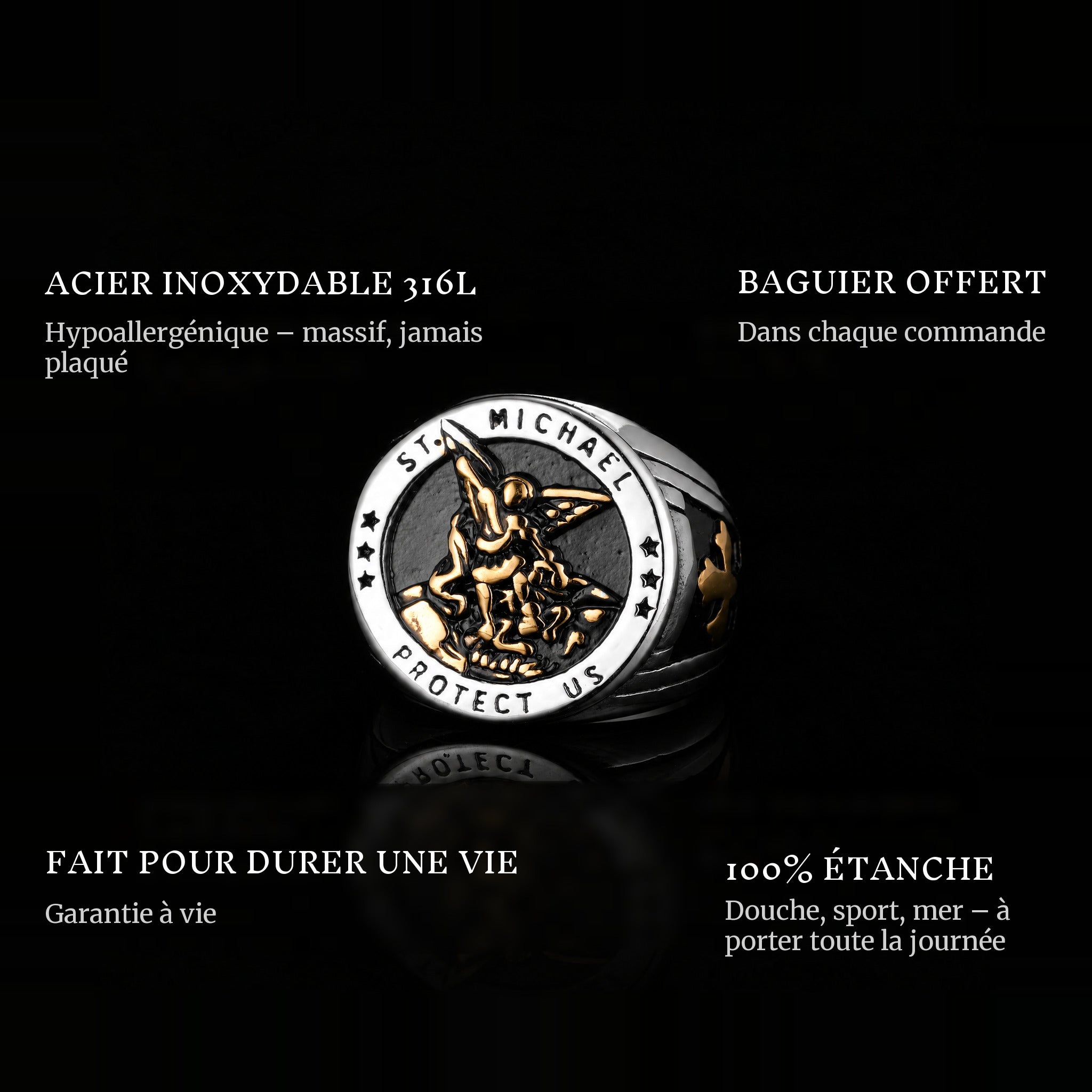 St. Michaels Gold ring features: 316L stainless steel, free ring sizer in every order, 100% waterproof, lifetime guarantee