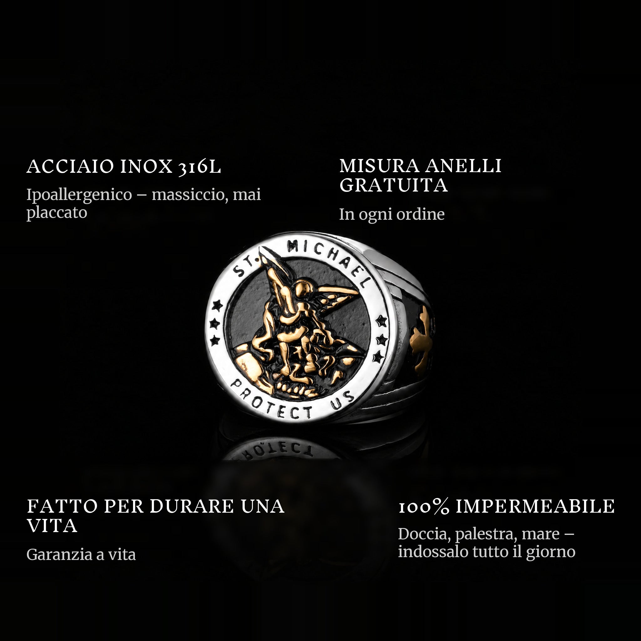 St. Michaels Gold ring features: 316L stainless steel, free ring sizer in every order, 100% waterproof, lifetime guarantee