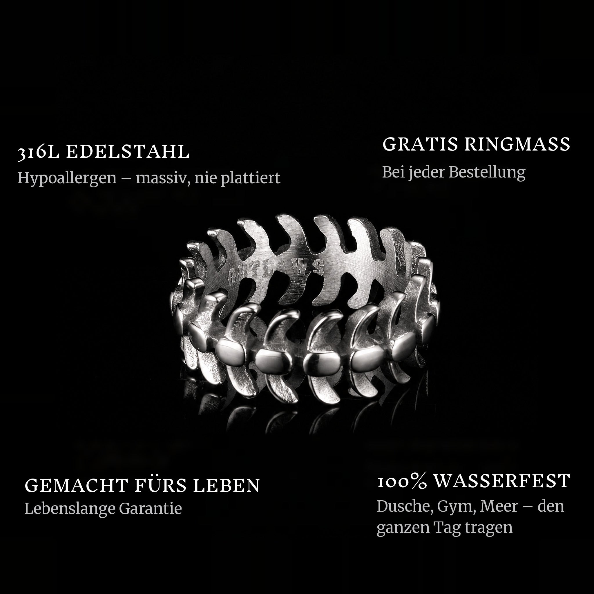 Steel Spine ring features: 316L stainless steel, free ring sizer in every order, 100% waterproof, lifetime guarantee