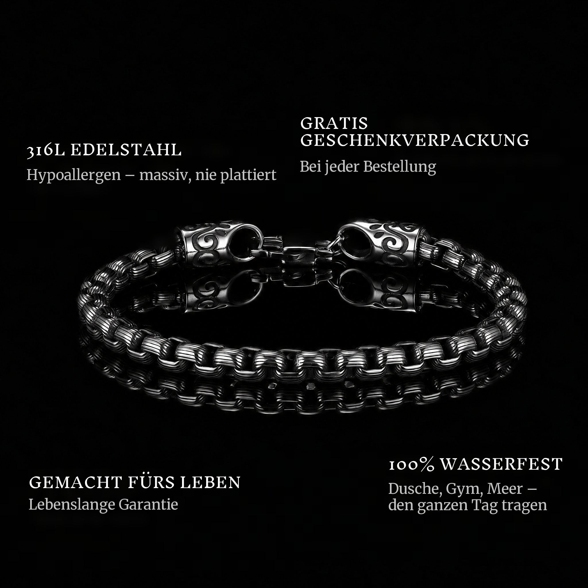 Steel Union features: 316L stainless steel, free gift packaging, 100% waterproof, lifetime guarantee