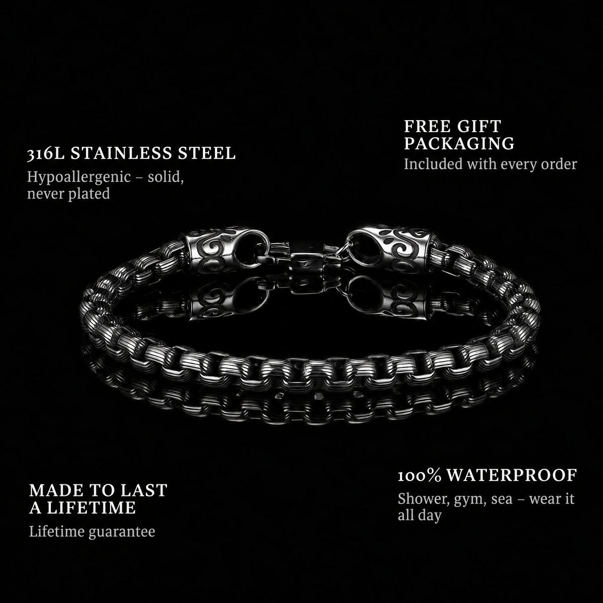 Steel Union features: 316L stainless steel, free gift packaging, 100% waterproof, lifetime guarantee